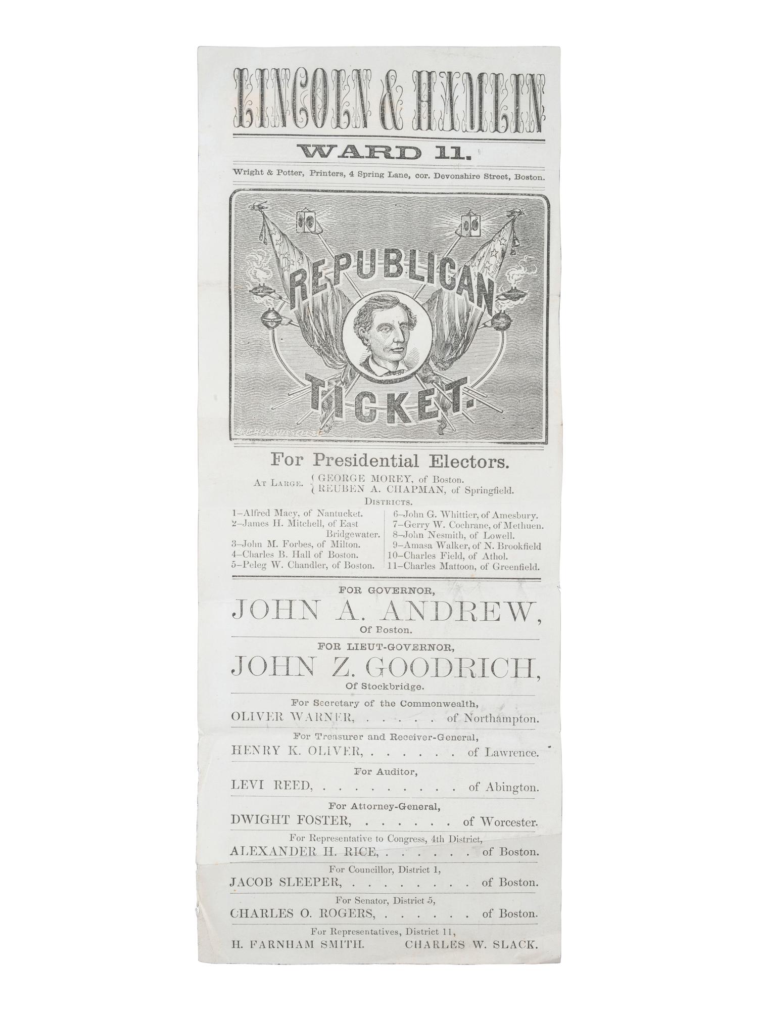 [LINCOLNIANA]. Lincoln & Hamlin Ward 11 . Republican Ticket. Boston, MA: Wright & Potter, ca 1860.