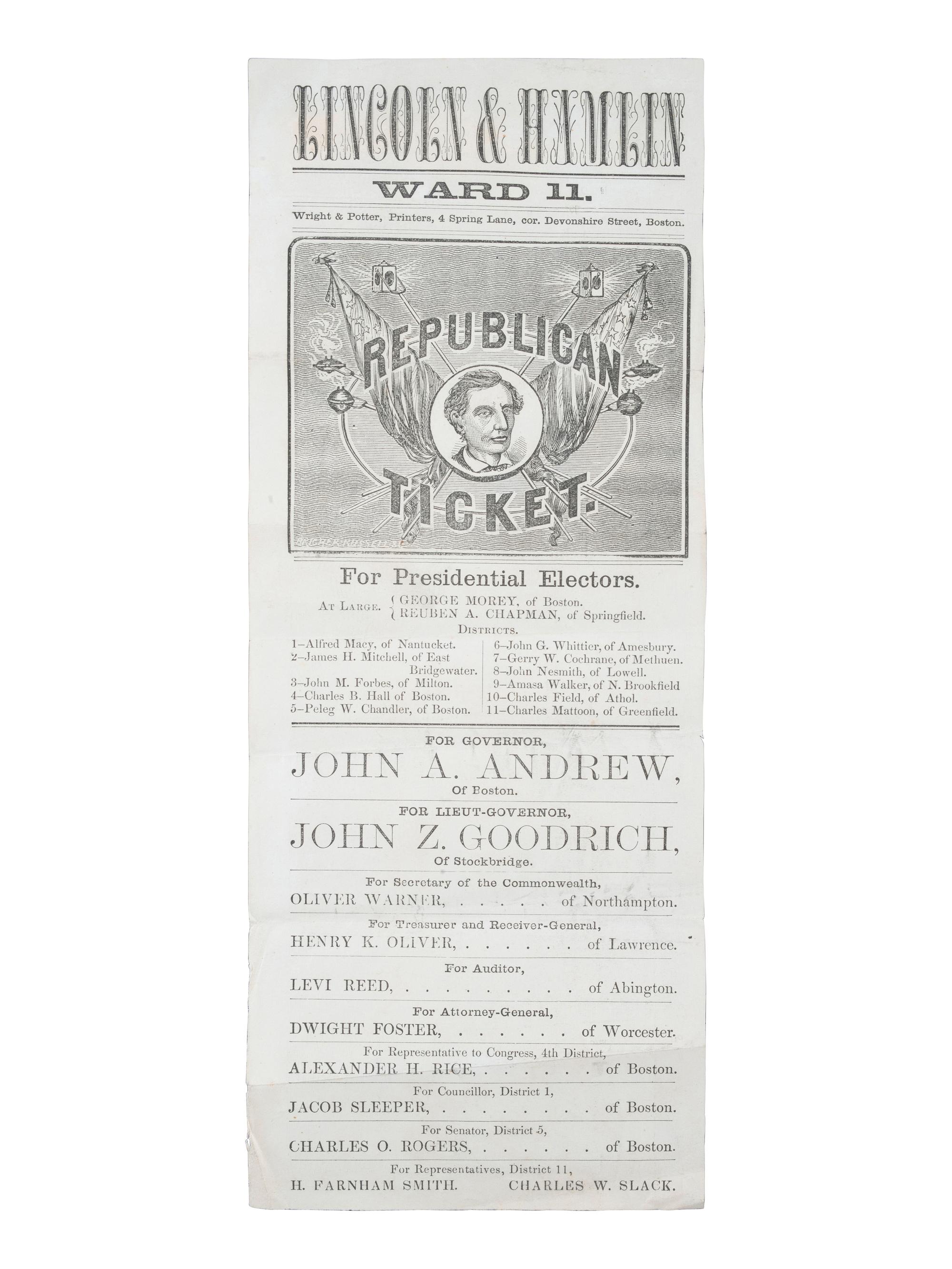 [LINCOLNIANA]. Lincoln & Hamlin Ward 11 . Republican Ticket. Boston, MA: Wright & Potter, ca 1860.