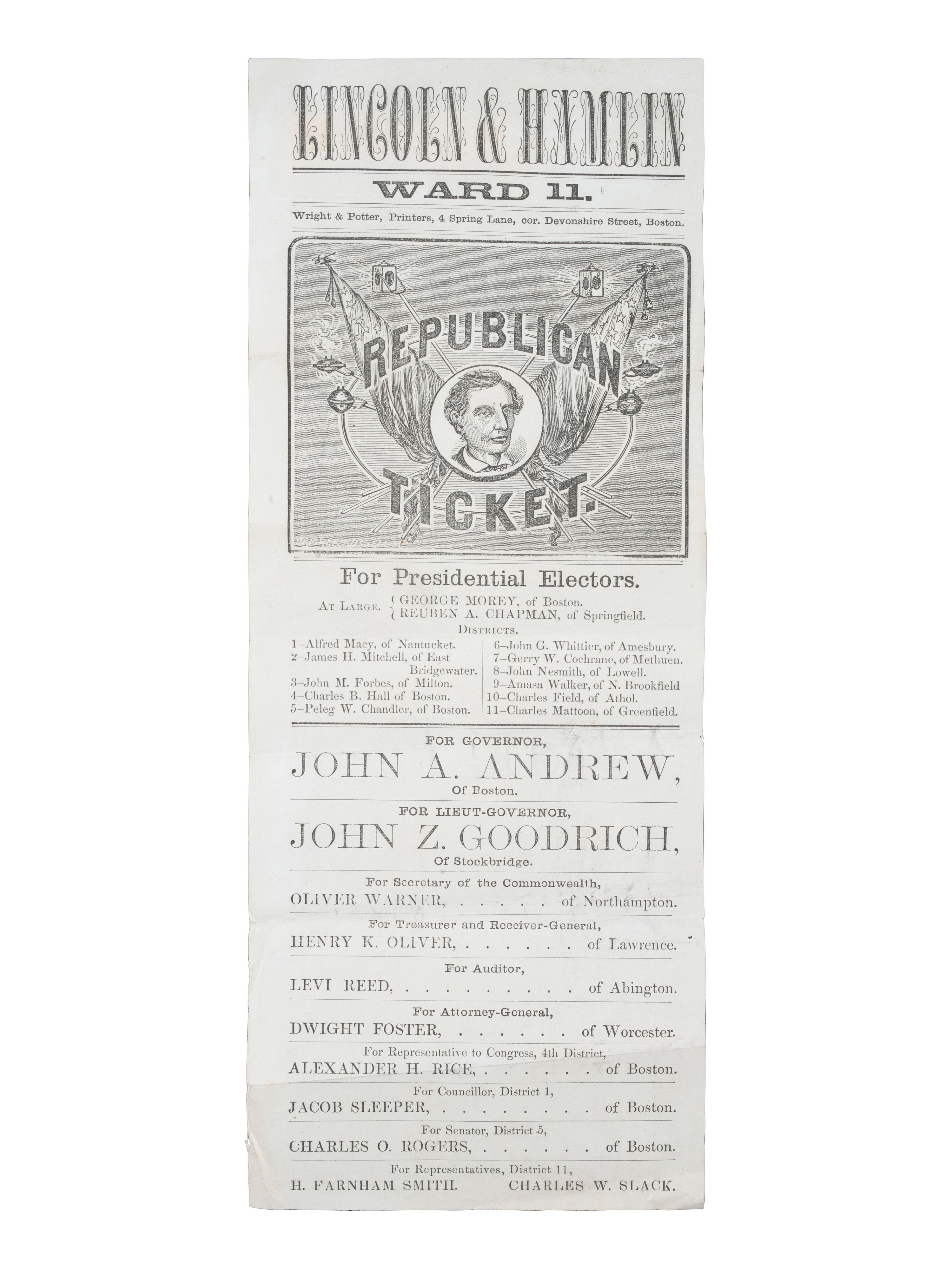 [LINCOLNIANA]. Lincoln & Hamlin Ward 11 . Republican Ticket. Boston, MA: Wright & Potter, ca 1860.