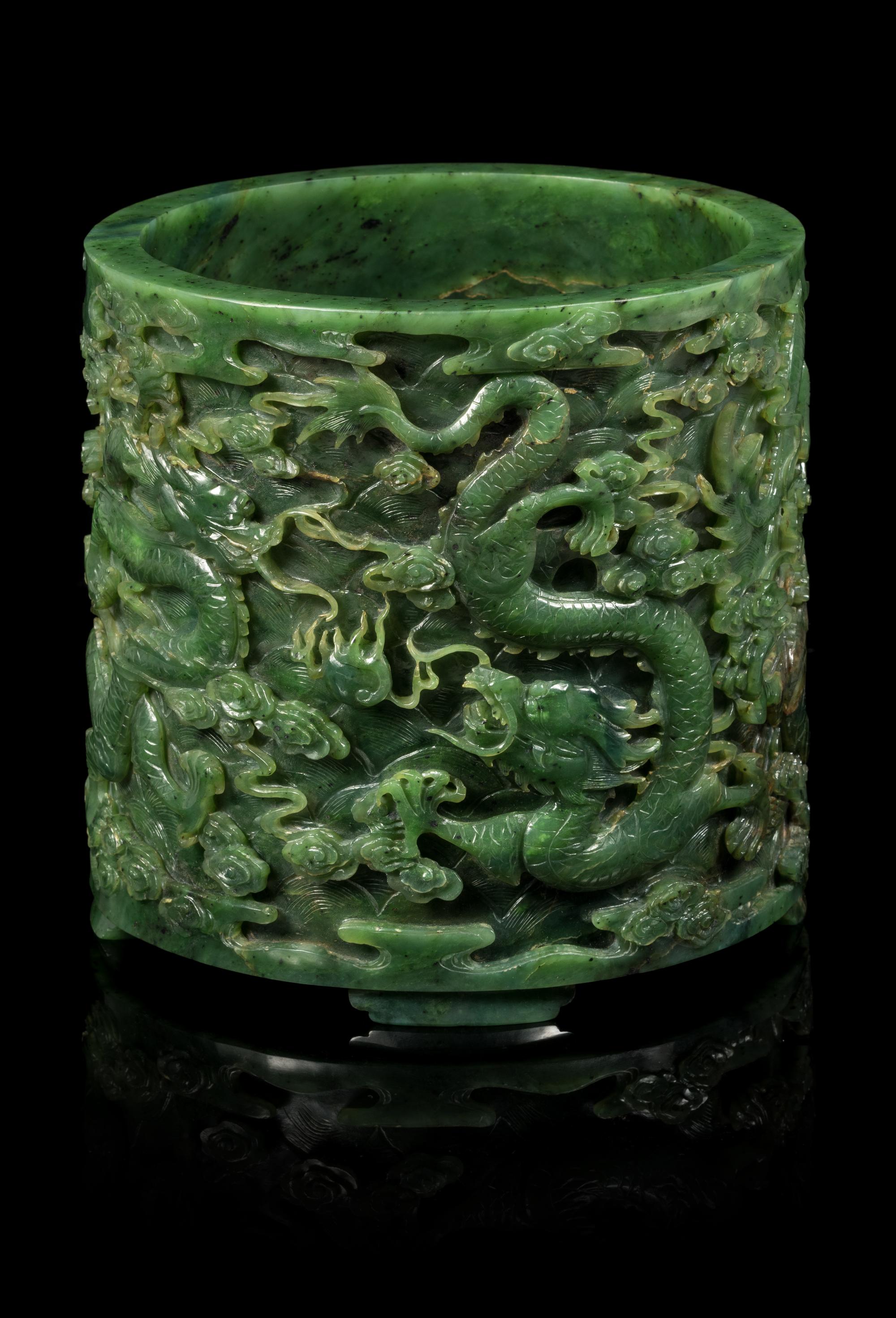 A Spinach Jade 'Dragon' Brushpot, Bitong Height 6 3/8 inches. — LATE 19TH CENTURY