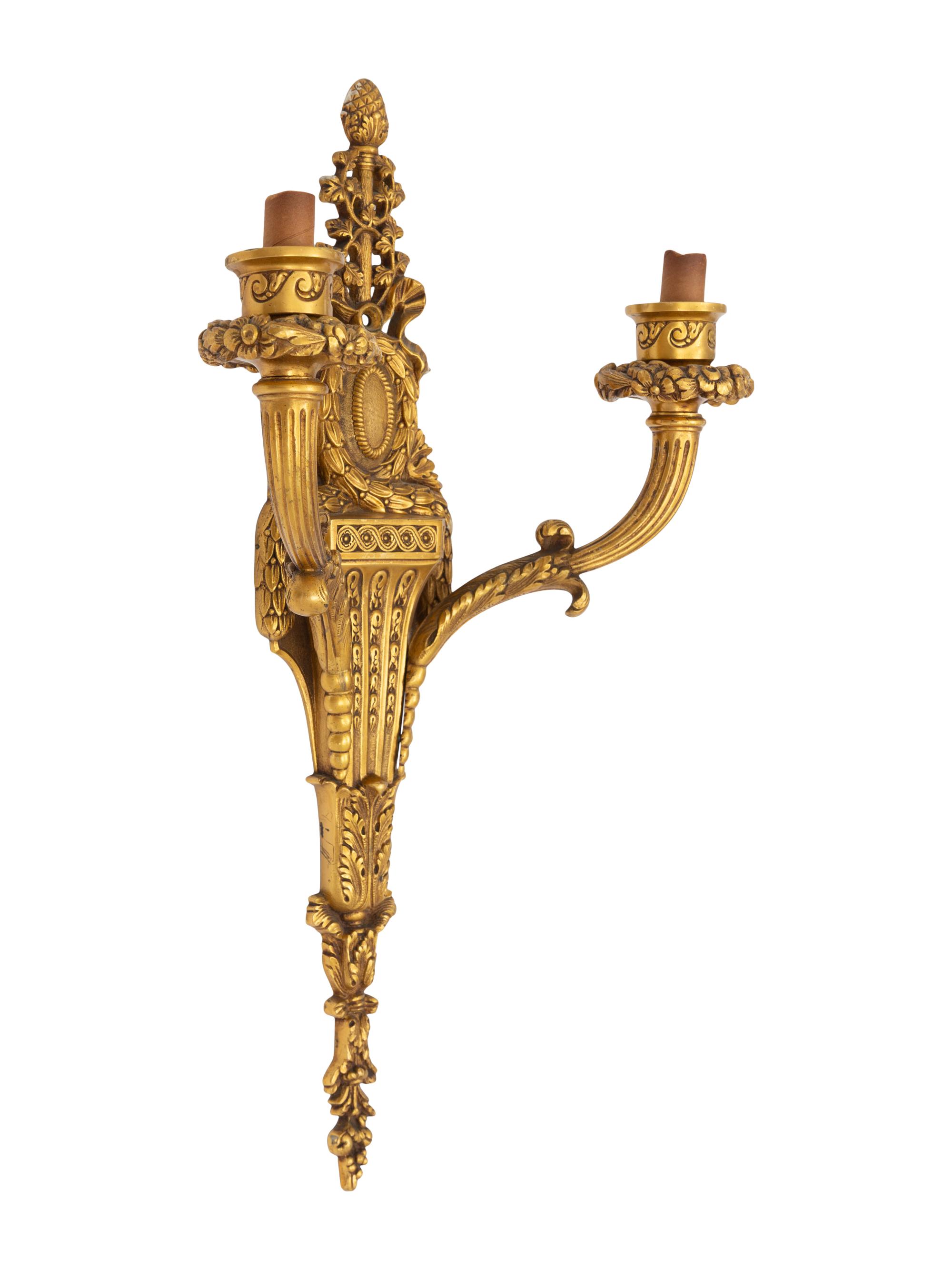 A Pair of French Neoclassical Style Two-Light Gilt Bronze Sconces