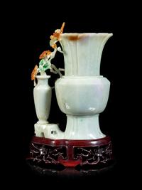 A Russet, Green and White Jadeite Double Vase Group