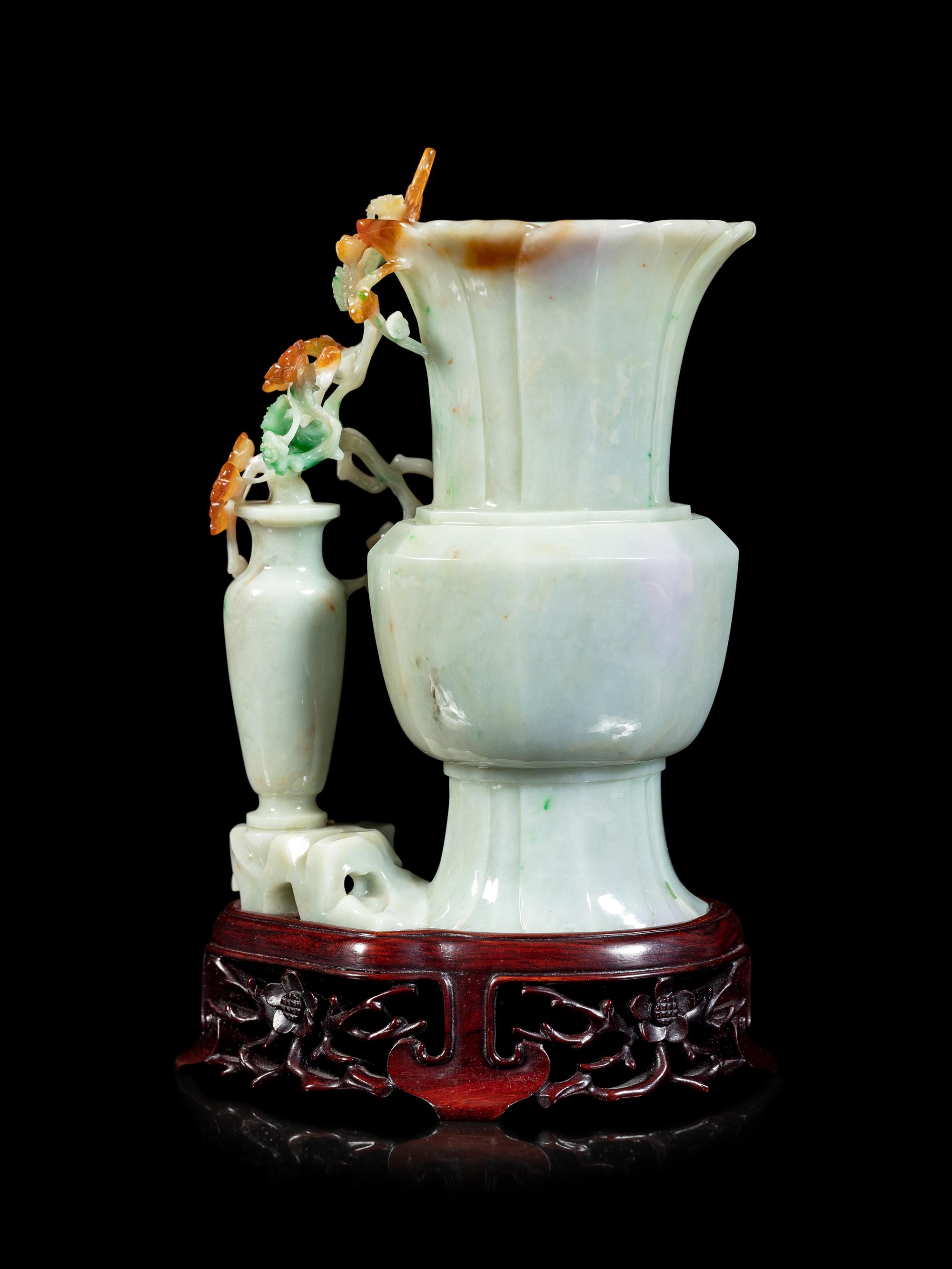 A Russet, Green and White Jadeite Double Vase Group