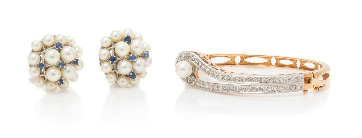 A Collection of Gold, Cultured Pearl and Diamond Jewelry, 26.50 dwts.