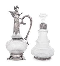 A Continental Silver Mounted Etched Glass Decanter and an English Silver-Plate Mounted Etched Glass Claret Jug