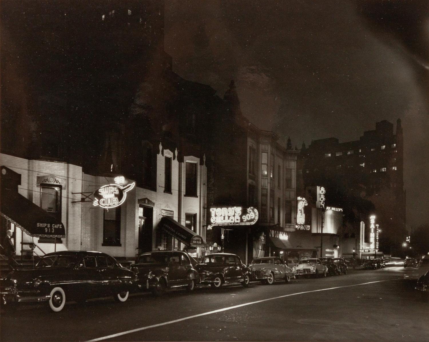 A group of four photographs depicting Chicago ( Rush Street, Chicago's Night Club District , c. 1950; Wrigley Building at Night, Michigan Ave. Bridge , c. 1950; Chicago , c. 1935; State Street and Marshall Field Clock , c. 1950)