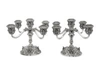 A Pair of German Silver Five-Light Candelabra