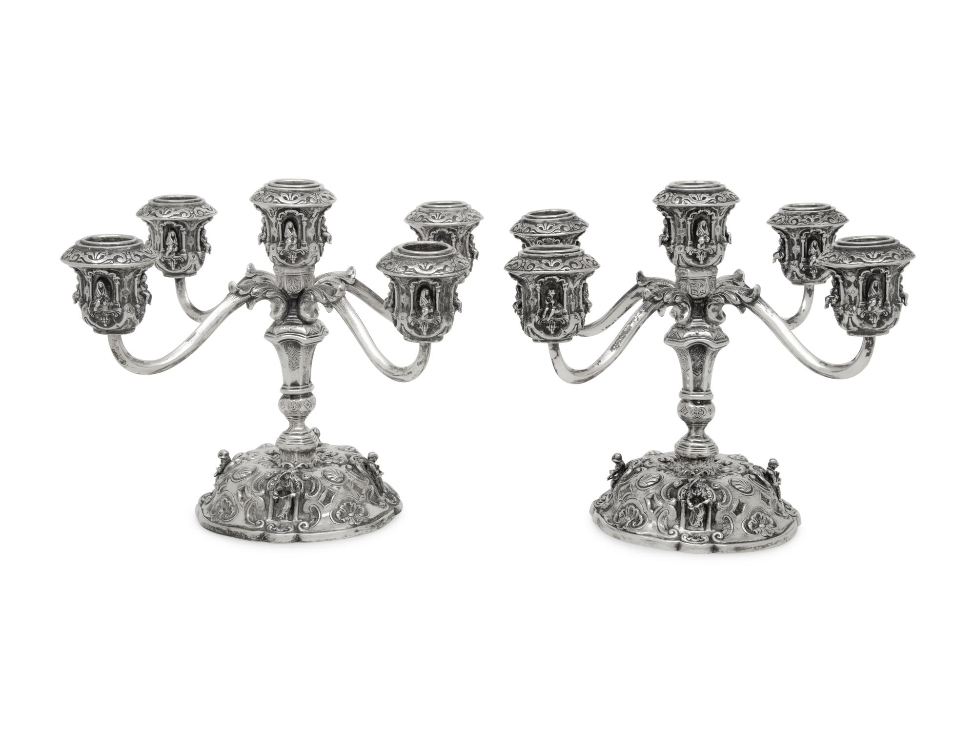 A Pair of German Silver Five-Light Candelabra