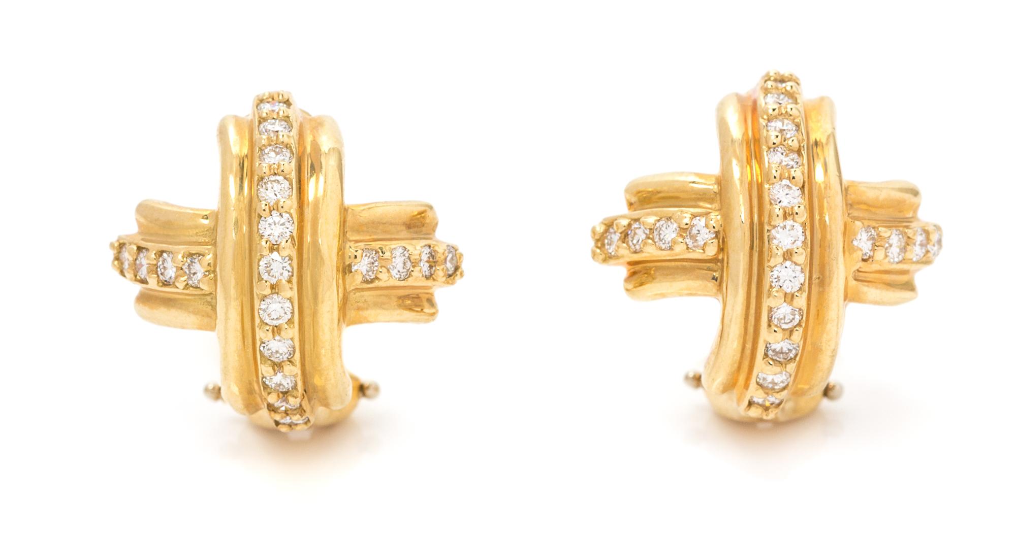 A Pair of 18 Karat Yellow Gold and Diamond "Signature" Earclips, Tiffany & Co., 4.80 dwts.