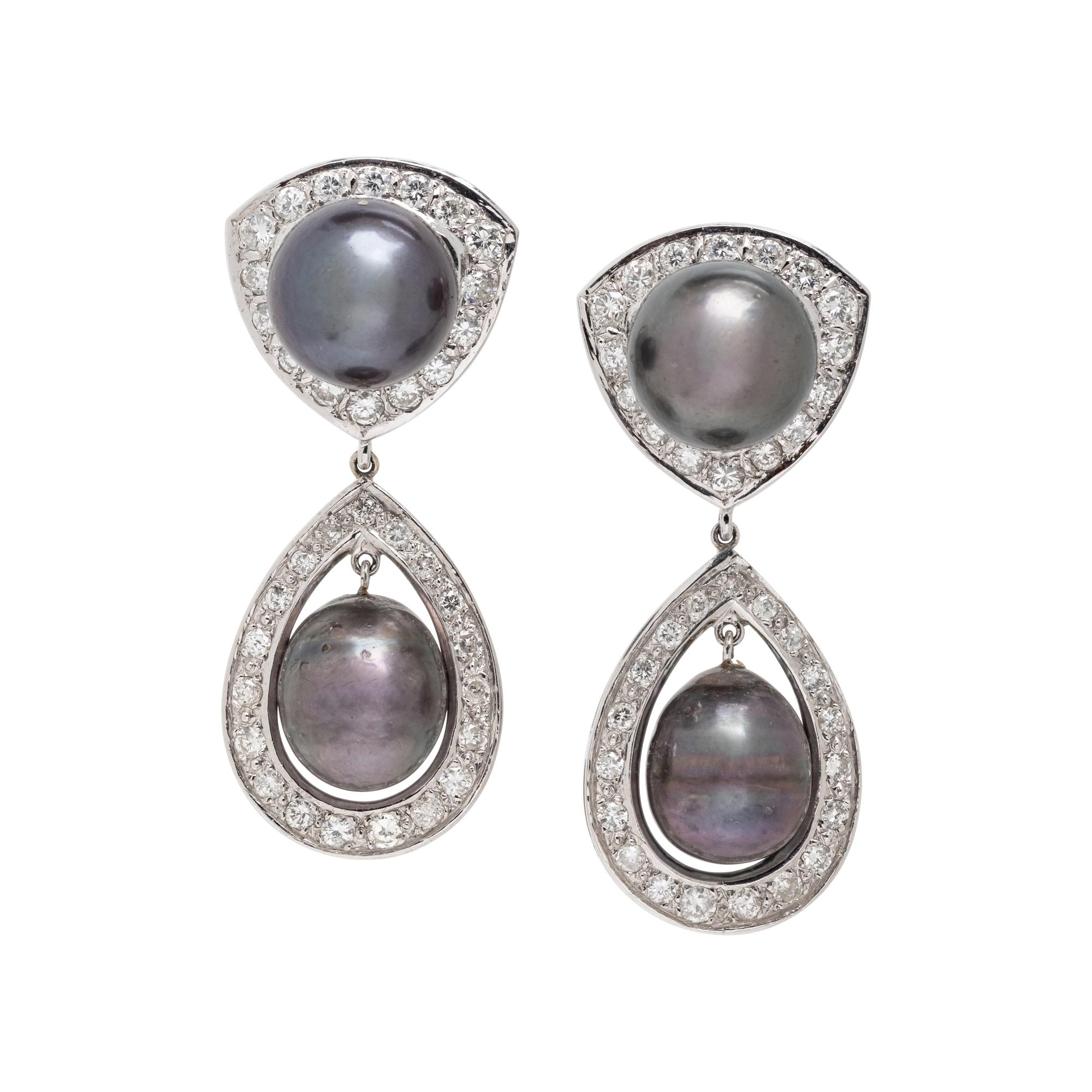 CULTURED GRAY PEARL AND DIAMOND EARRINGS