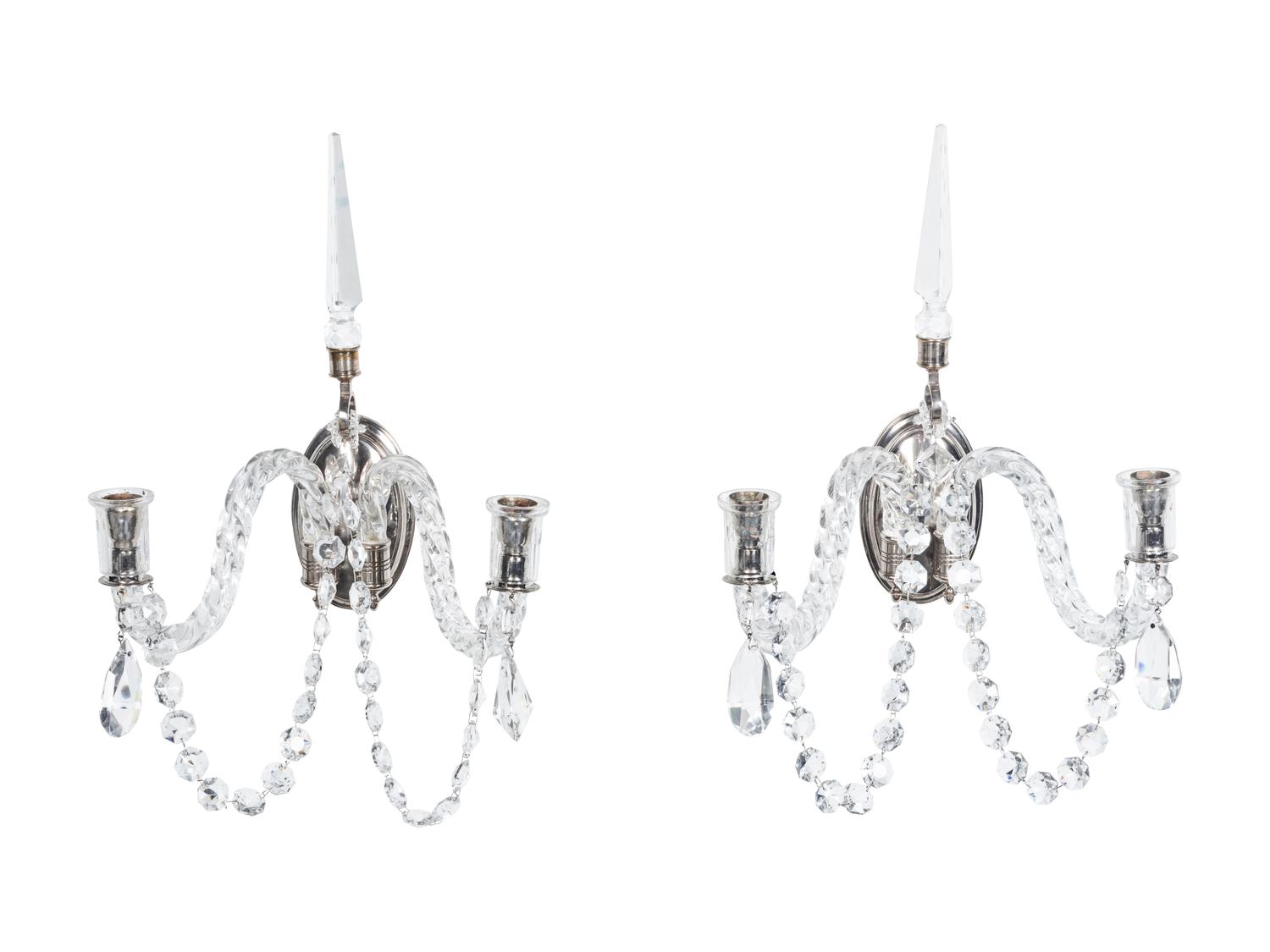 A Pair of Silver-Plate and Cut Glass Two-Light Sconces