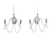 A Pair of Silver-Plate and Cut Glass Two-Light Sconces