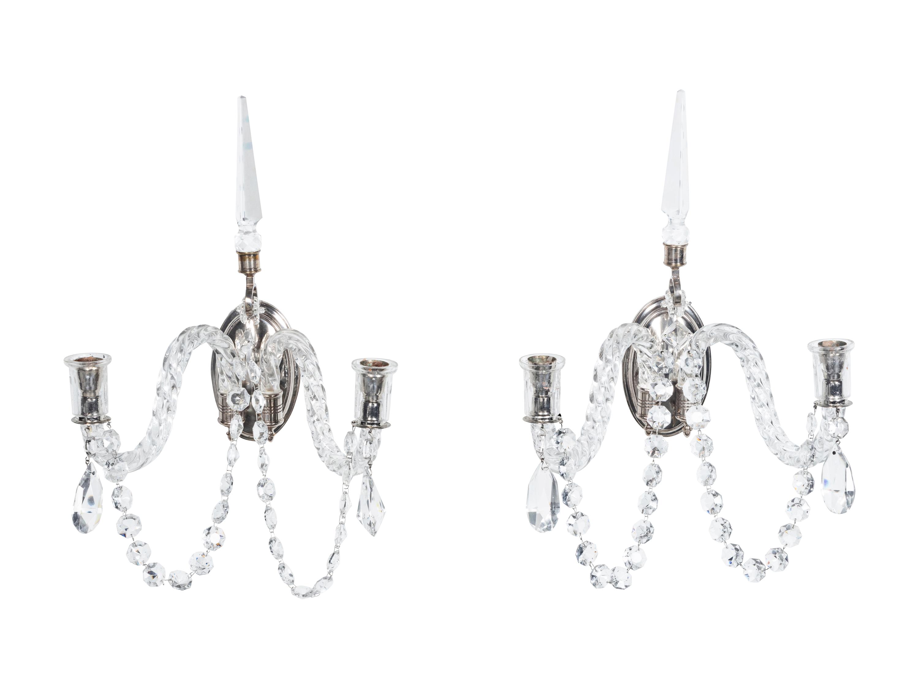 A Pair of Silver-Plate and Cut Glass Two-Light Sconces