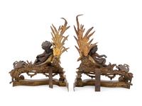 A Pair of Louis XV Style Gilt and Patinated Bronze Figural Chenets