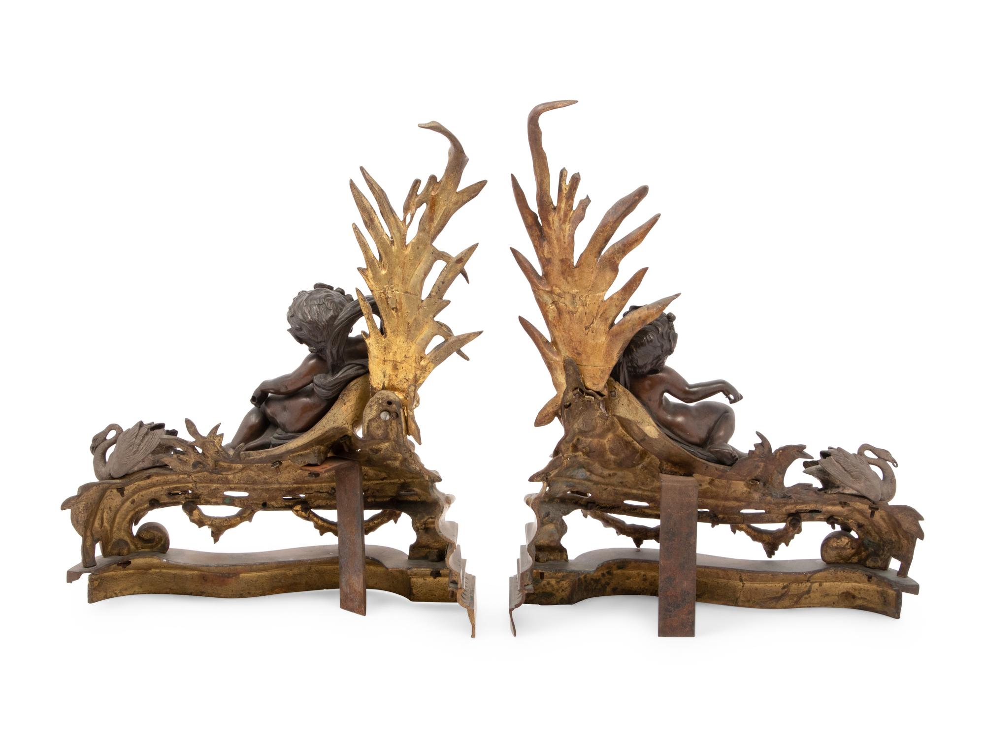 A Pair of Louis XV Style Gilt and Patinated Bronze Figural Chenets