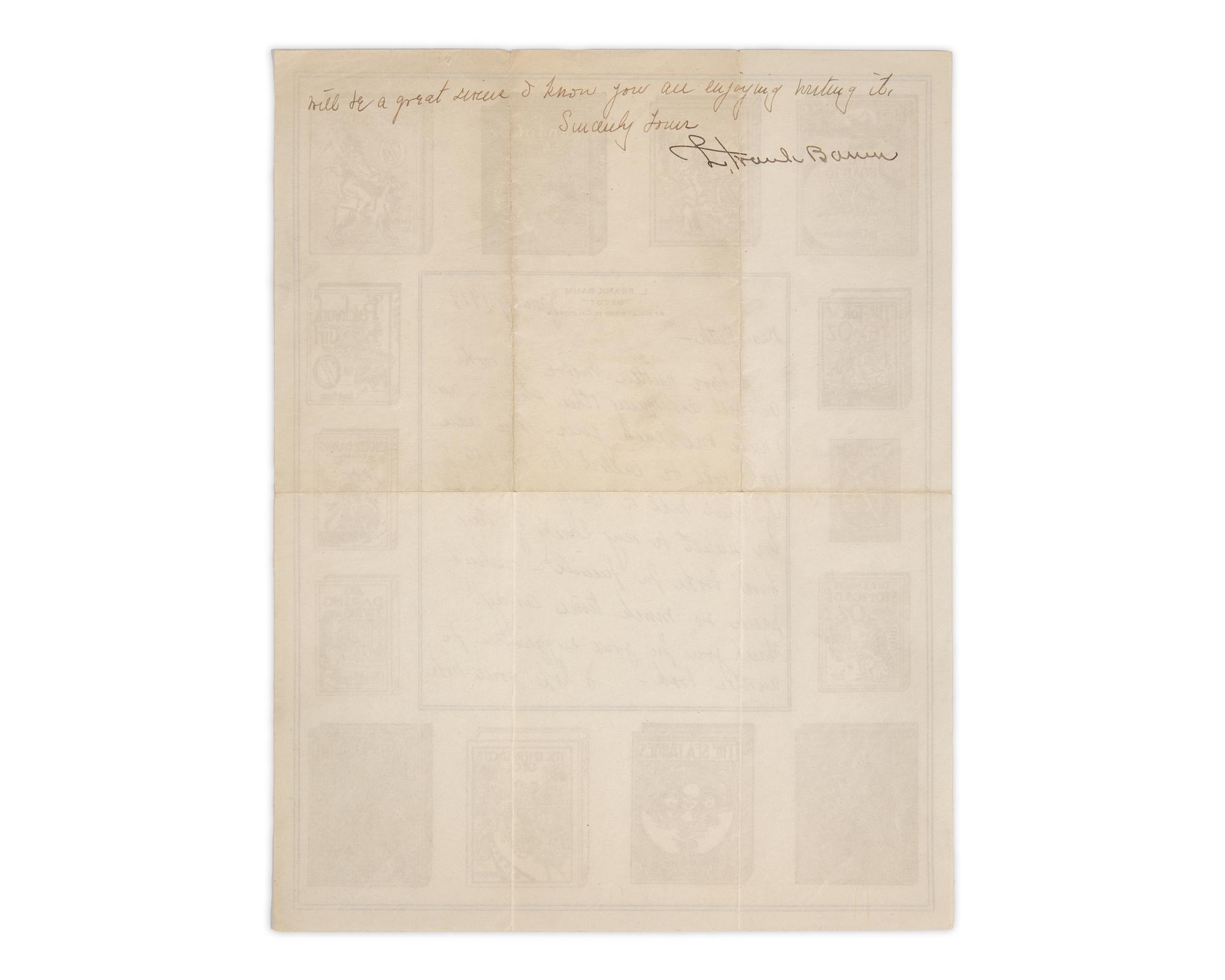 Baum, L. Frank. Manuscript Letter, signed, to Ruth Plumley Thompson