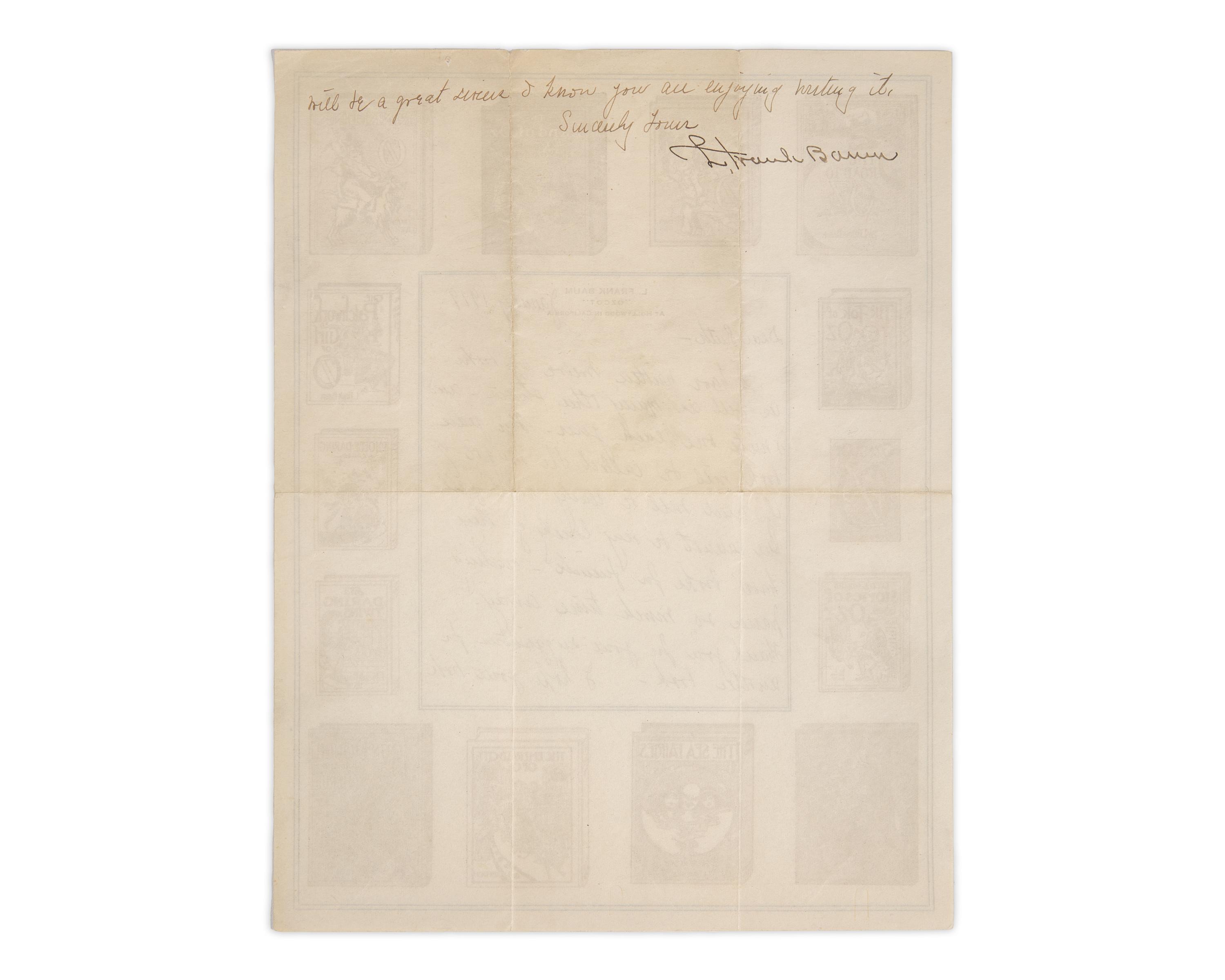Baum, L. Frank. Manuscript Letter, signed, to Ruth Plumley Thompson