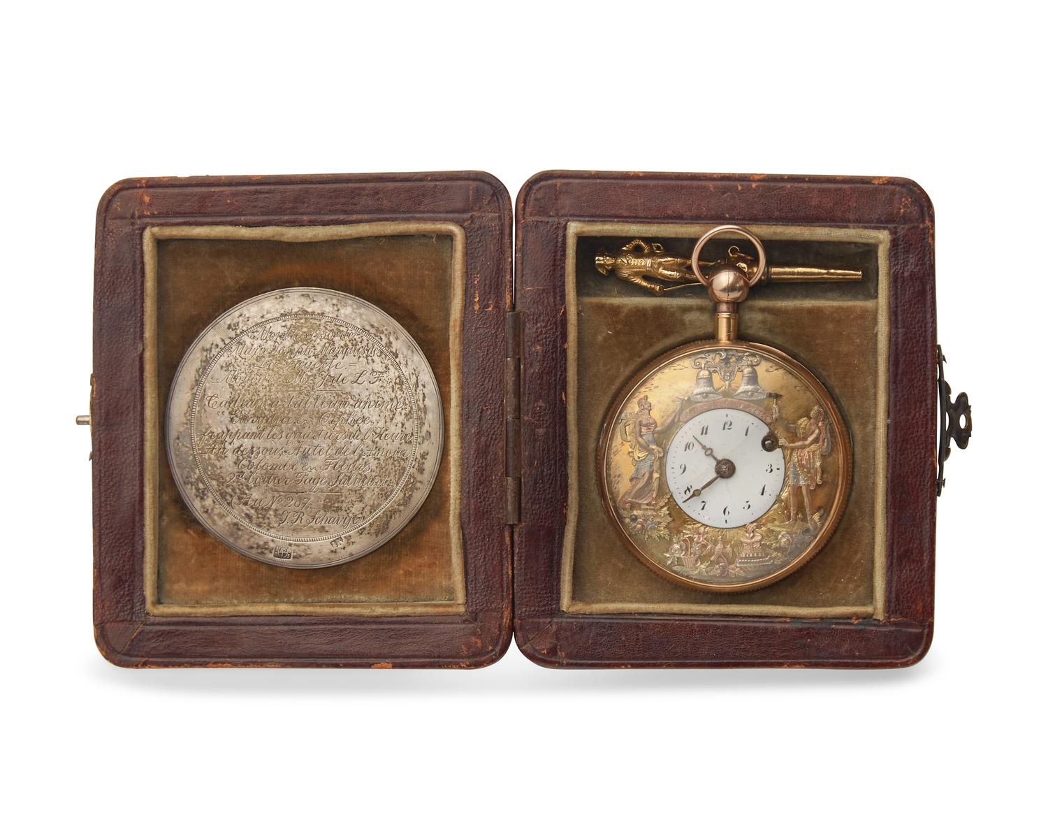 A Historic 18 Karat Tricolor Gold Open Face Jacquemart Automaton Quarter Repeater Pocket Watch Purportedly Owned by Marquis de Lafayette
