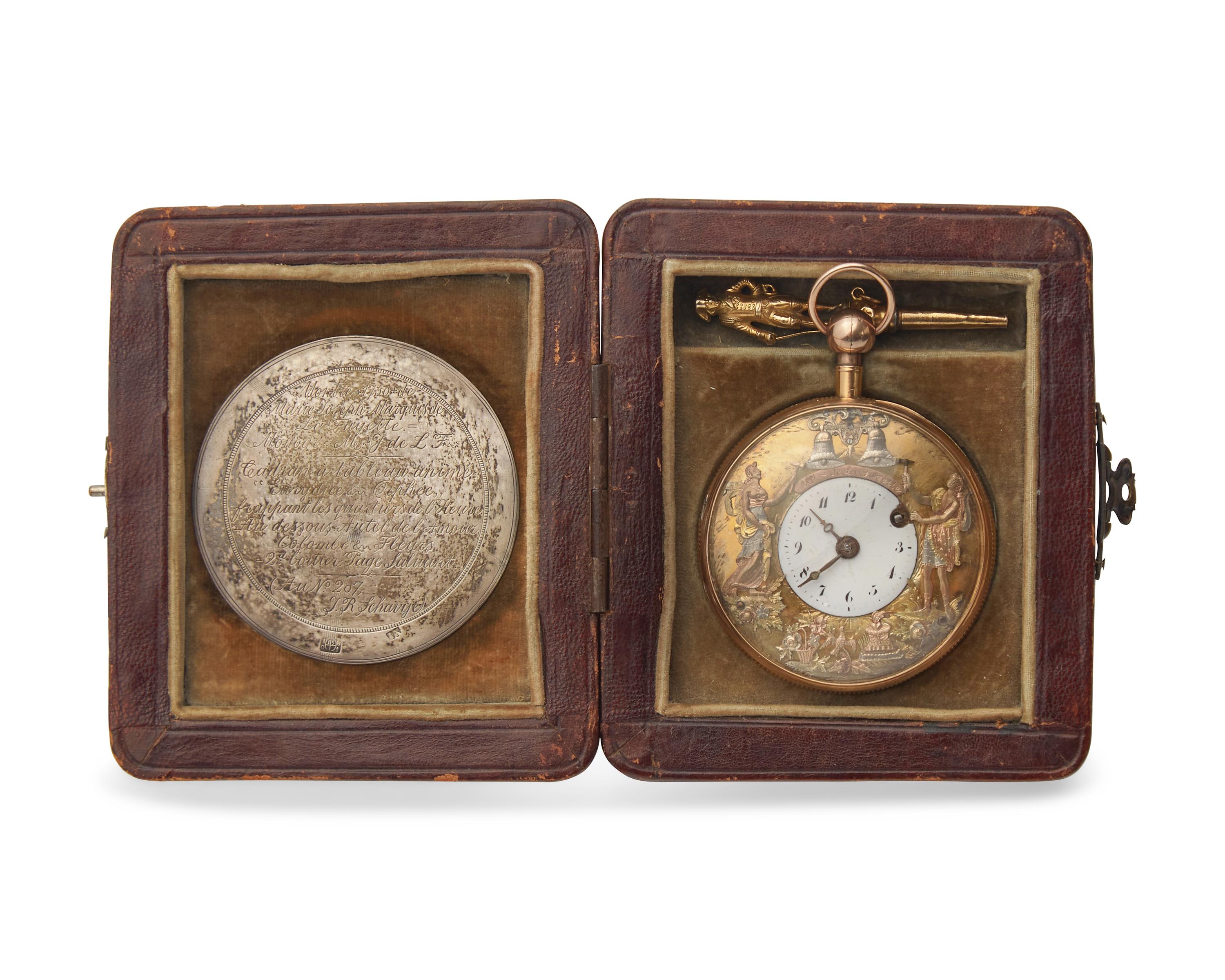 A Historic 18 Karat Tricolor Gold Open Face Jacquemart Automaton Quarter Repeater Pocket Watch Purportedly Owned by Marquis de Lafayette