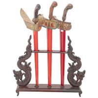 Three Decorative Javanese Kris Knives with Display Stand