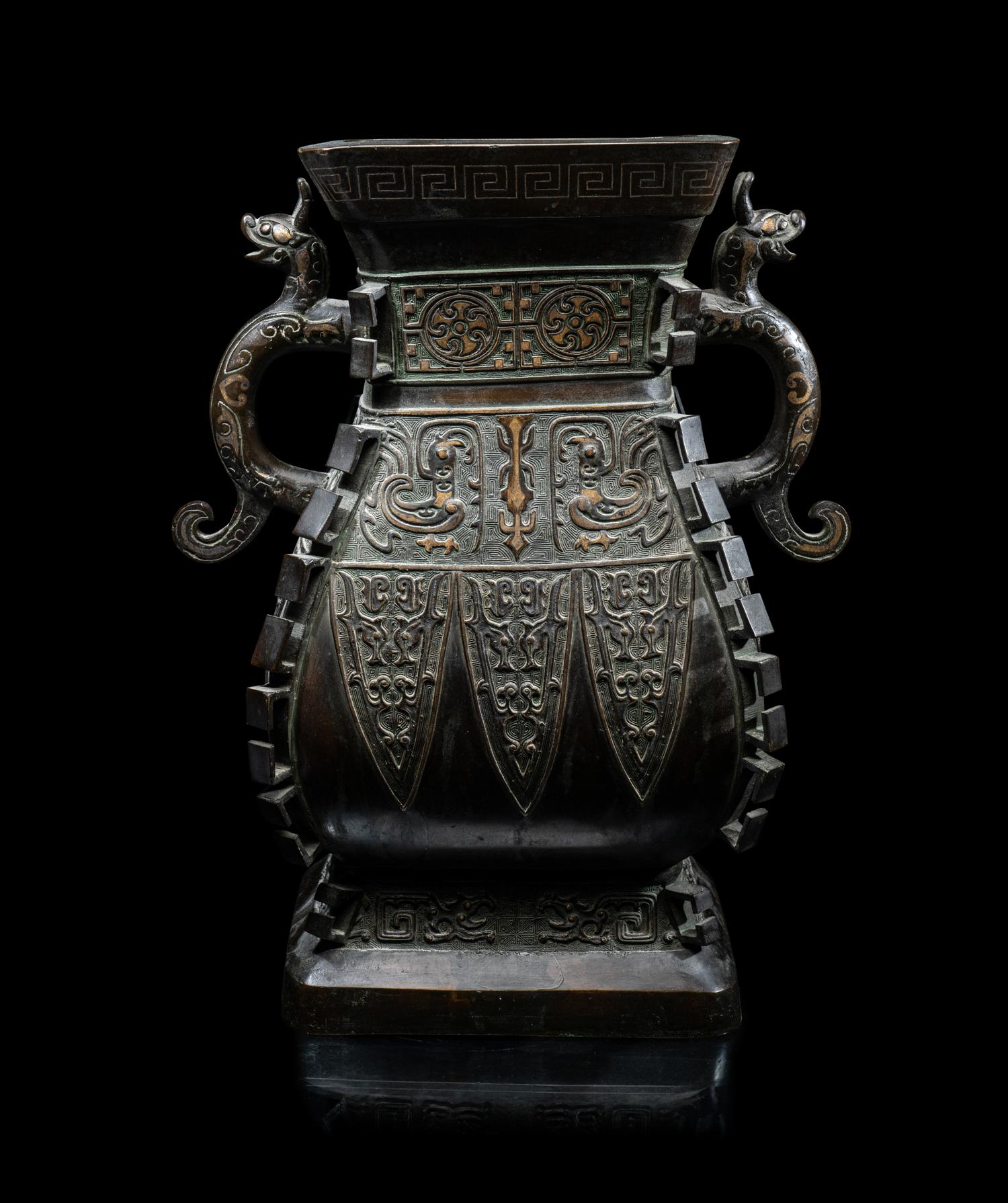 A Chinese Silver Inlaid and Parcel Gilt Archaistic Bronze Hu Vase