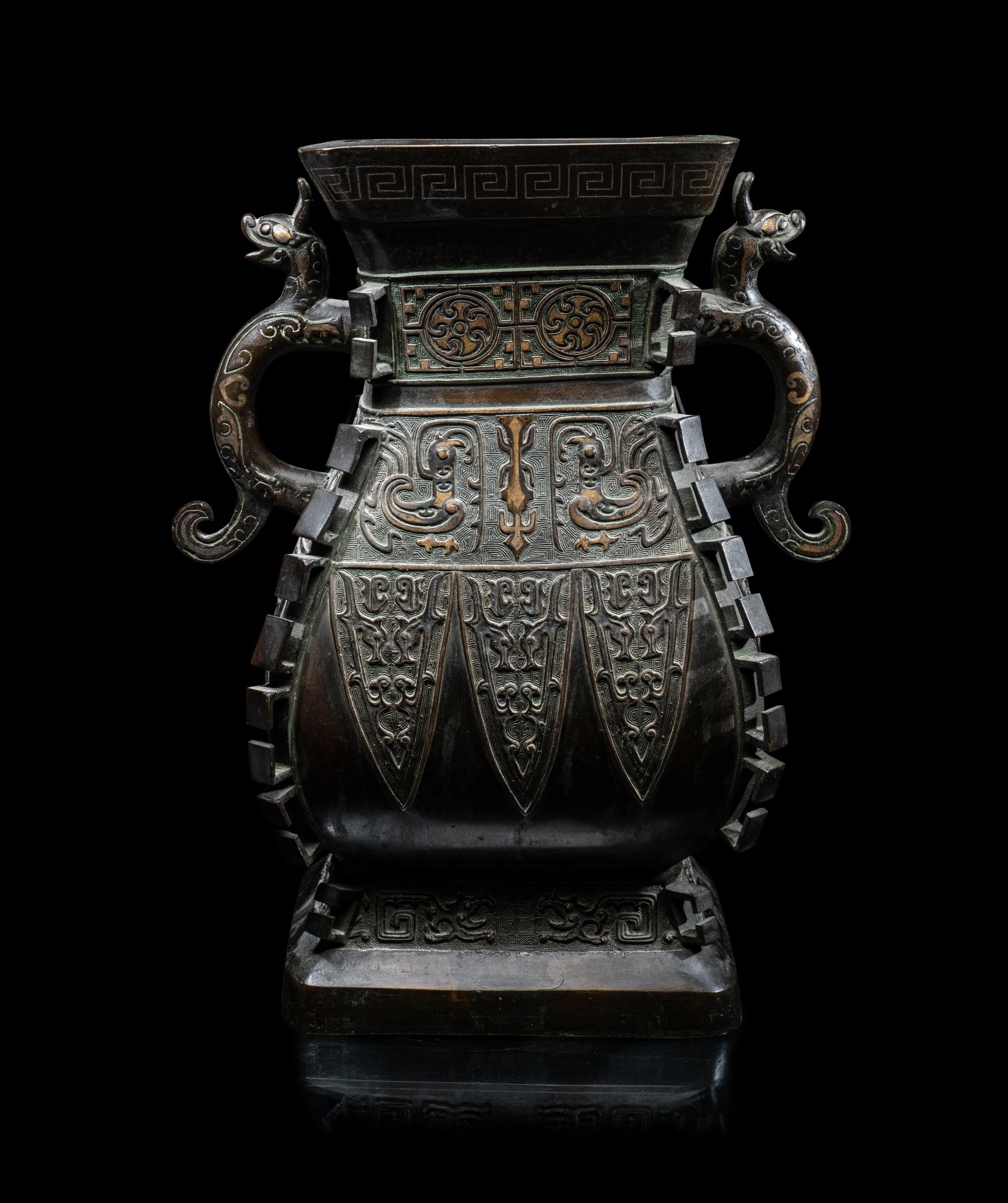 A Chinese Silver Inlaid and Parcel Gilt Archaistic Bronze Hu Vase