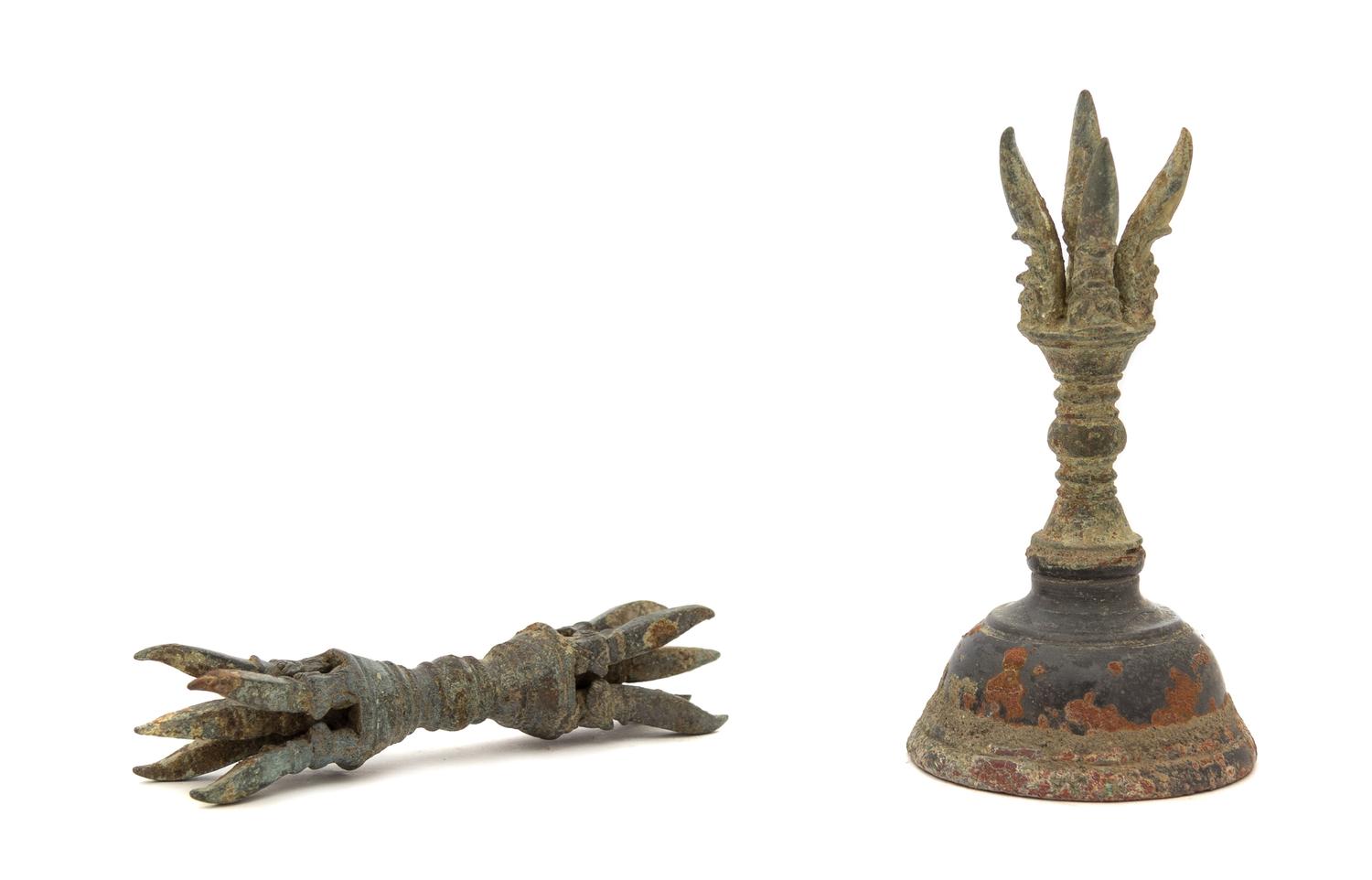 A Khmer Bronze Dorje/Bajra and Bell Set 12TH/13TH CENTURY Length of dorje 5 1/8 inches. — 12TH/13TH CENTURY