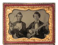 [EARLY PHOTOGRAPHY]. Quarter plate ambrotype portrait of two musicians, tentatively identified.