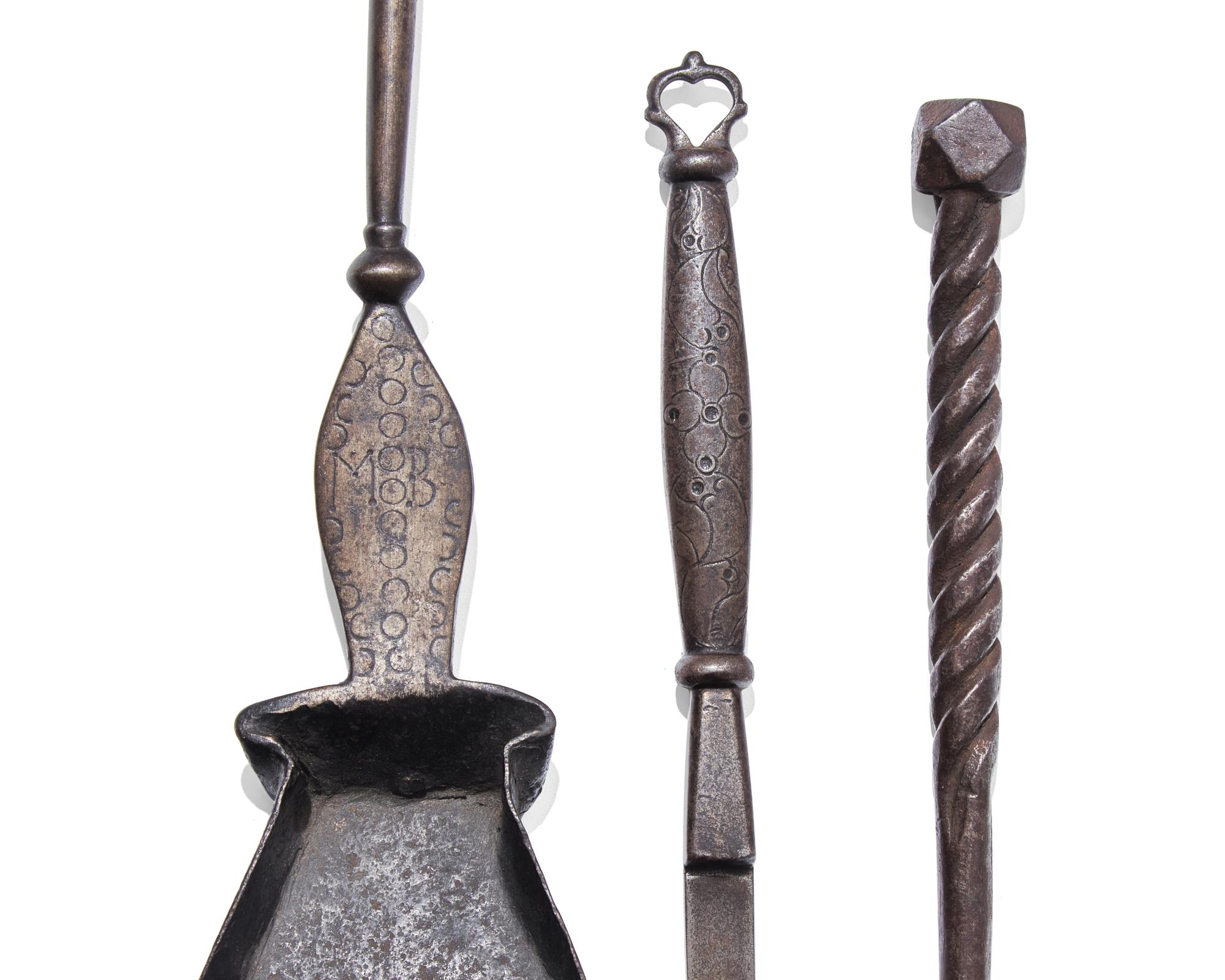 A Group of Four Wrought Iron Kitchen / Fireplace Implements, Most Northern European, 18th Century