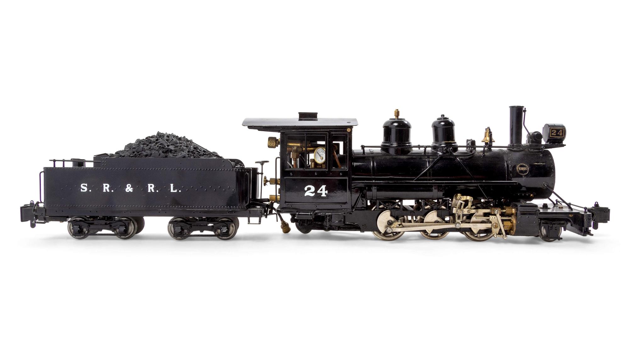 A Roundhouse Painted Metal G-Gauge S.R & R.L 2-6-2 Locomotive and Tender