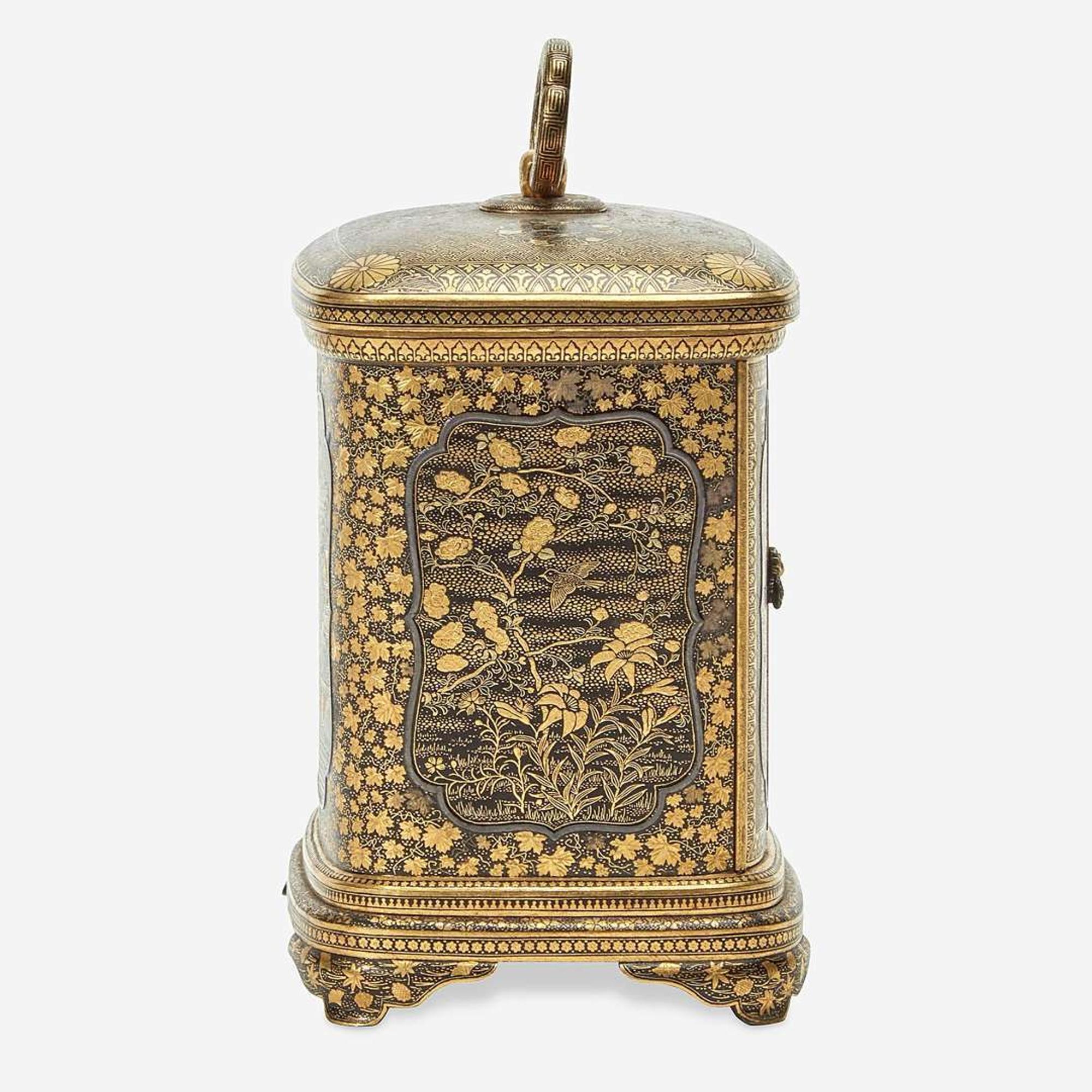 A Japanese gold-inlaid iron miniature cabinet, Komai workshops, Kyoto Meiji period