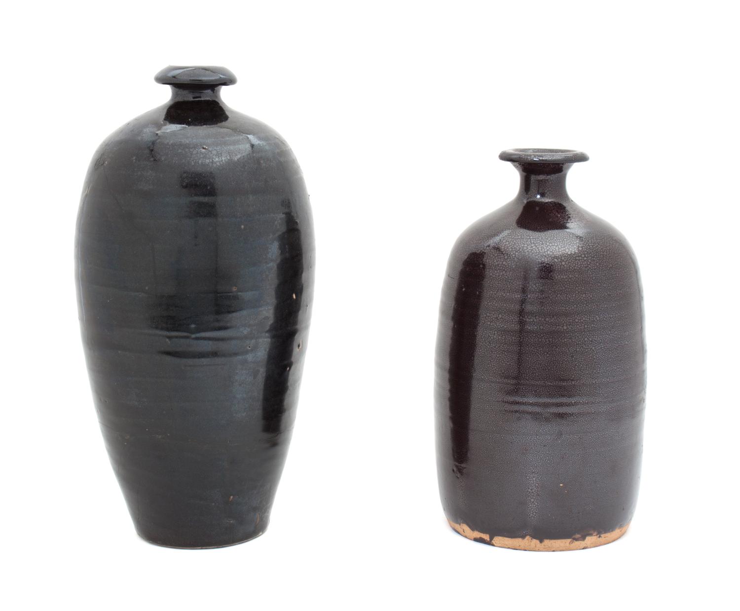Two Chinese Black Glazed Pottery Vases Height of taller 12 1/4 inches.