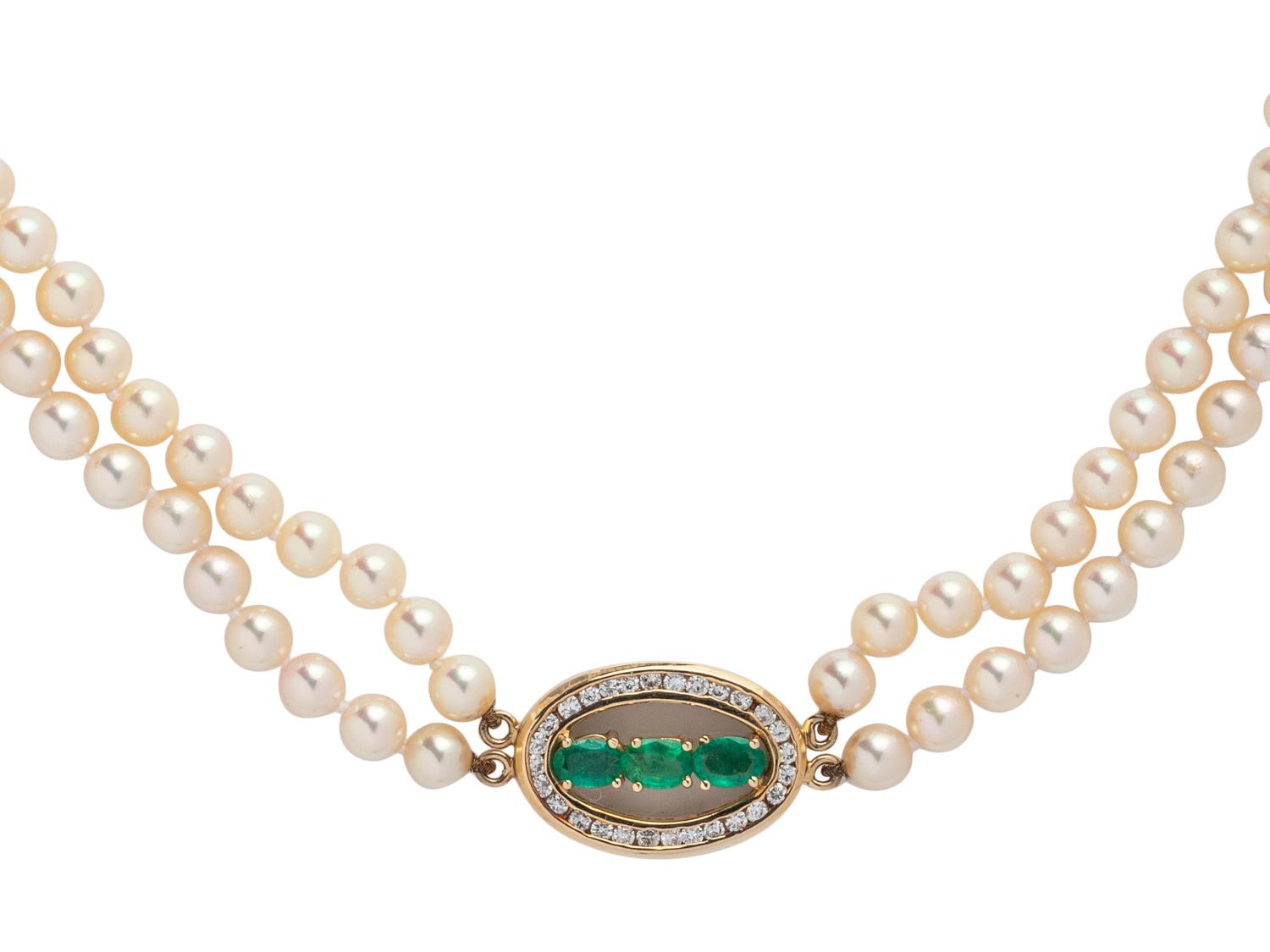 CULTURED PEARL, EMERALD AND DIAMOND NECKLACE