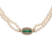 CULTURED PEARL, EMERALD AND DIAMOND NECKLACE