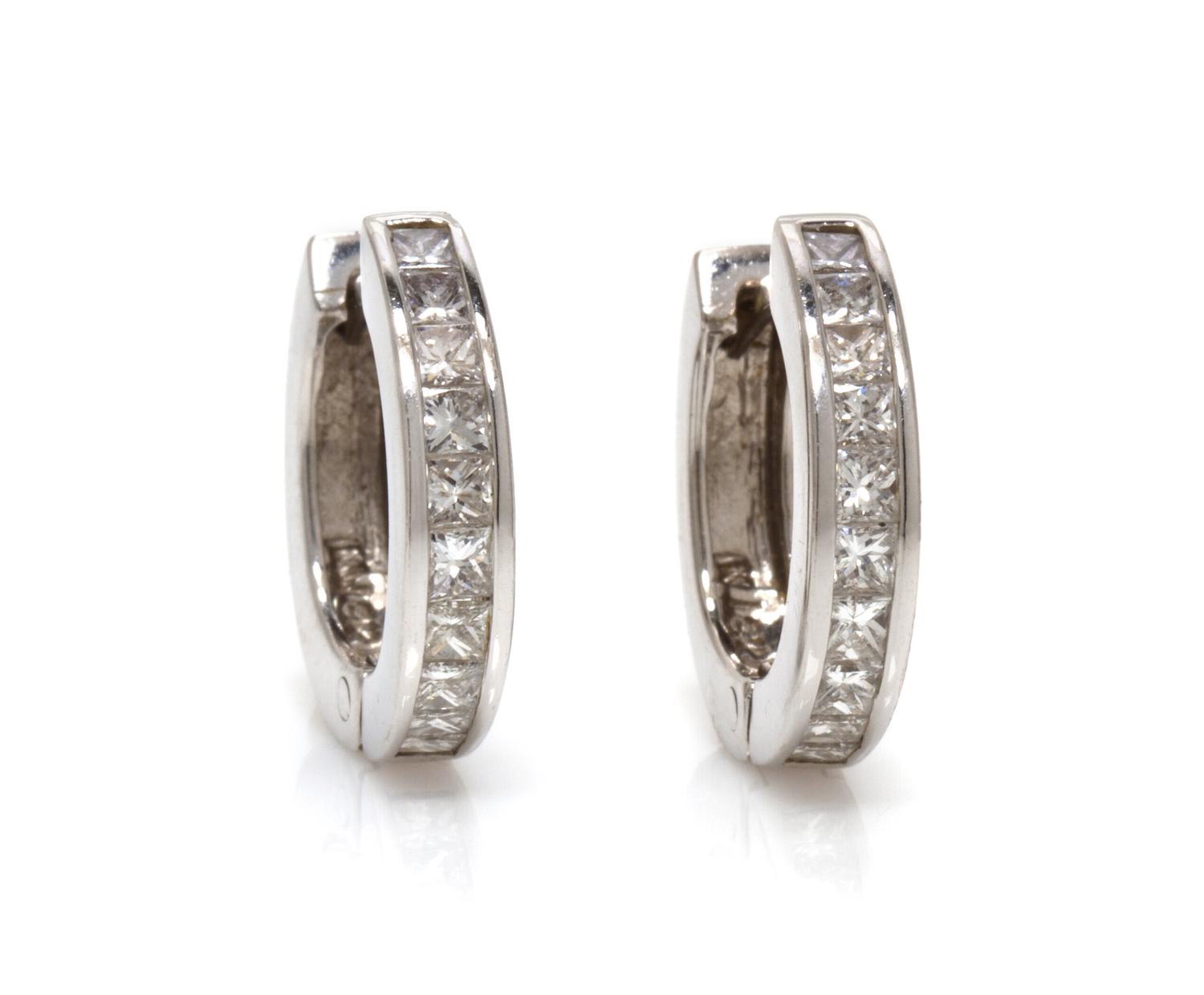 A Pair of 18 Karat White Gold and Diamond Hoop Earrings, 4.40 dwts.