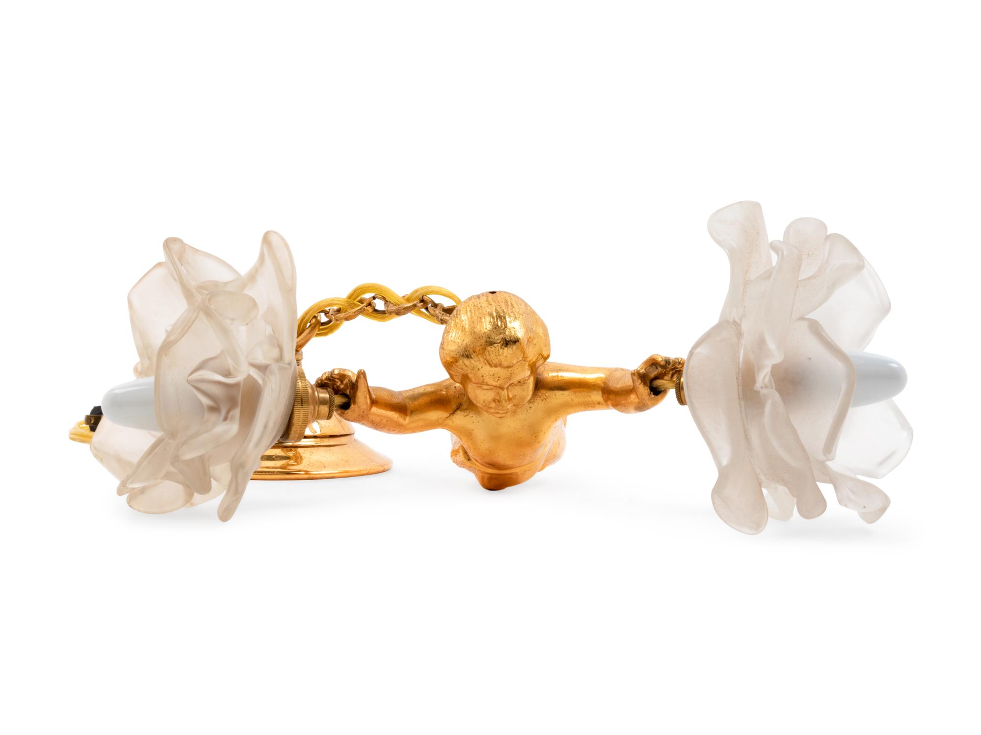 A Louis XV Style Gilt Metal and Frosted Glass Two-Light Fixture