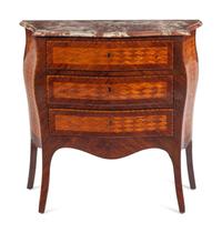 A Louis XV Style Parquetry Marble-Top Bombe Commode