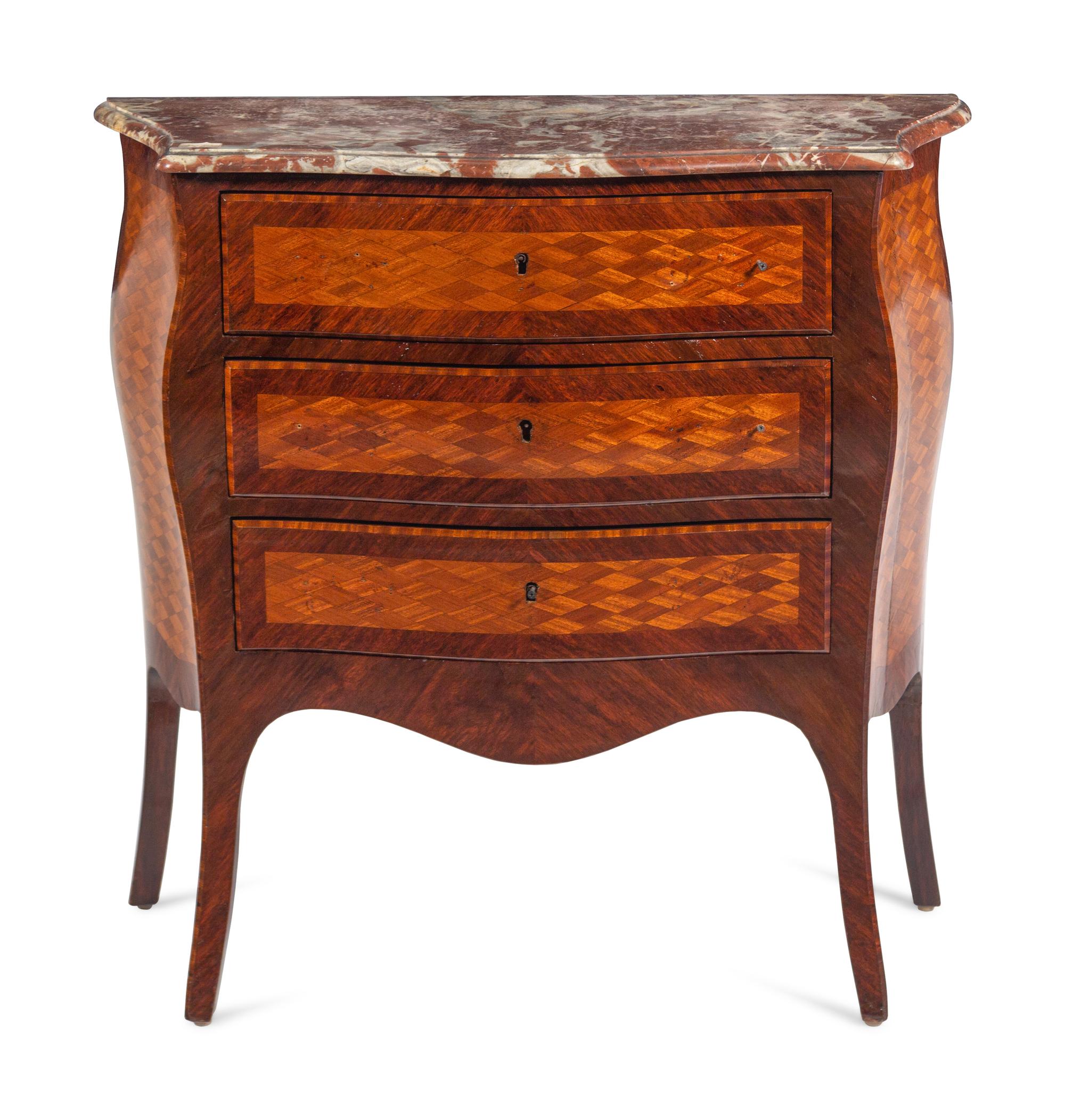 A Louis XV Style Parquetry Marble-Top Bombe Commode