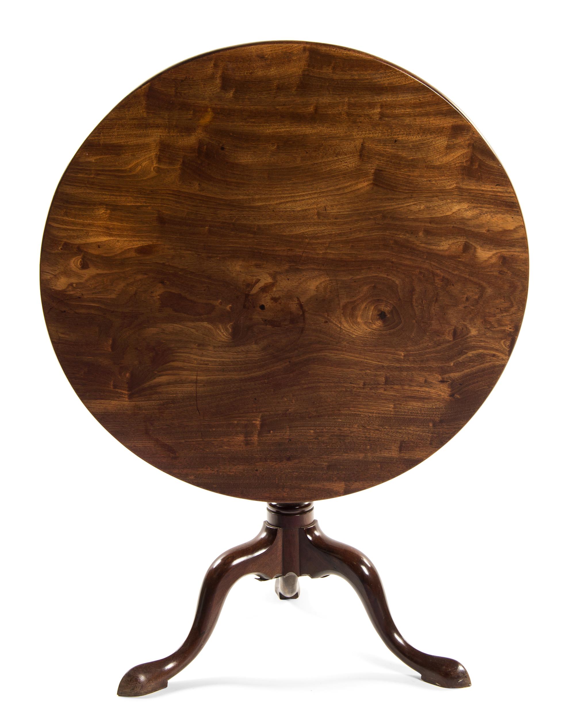 A George III Mahogany Tilt-Top Tea Table, Height 27 3/4 x diameter 33 inches.