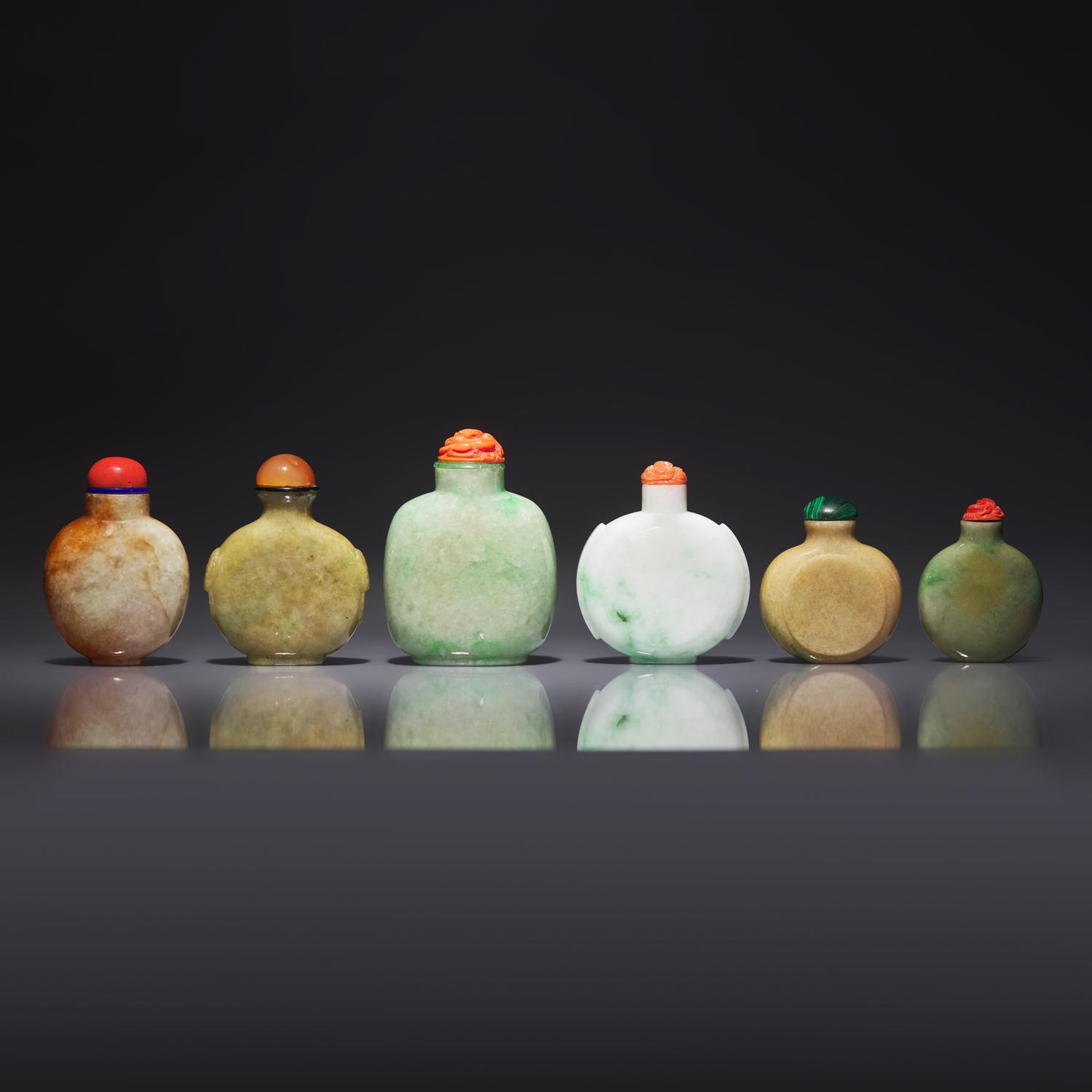 Six Chinese Jadeite Snuff Bottles 翡翠鼻烟壺六支