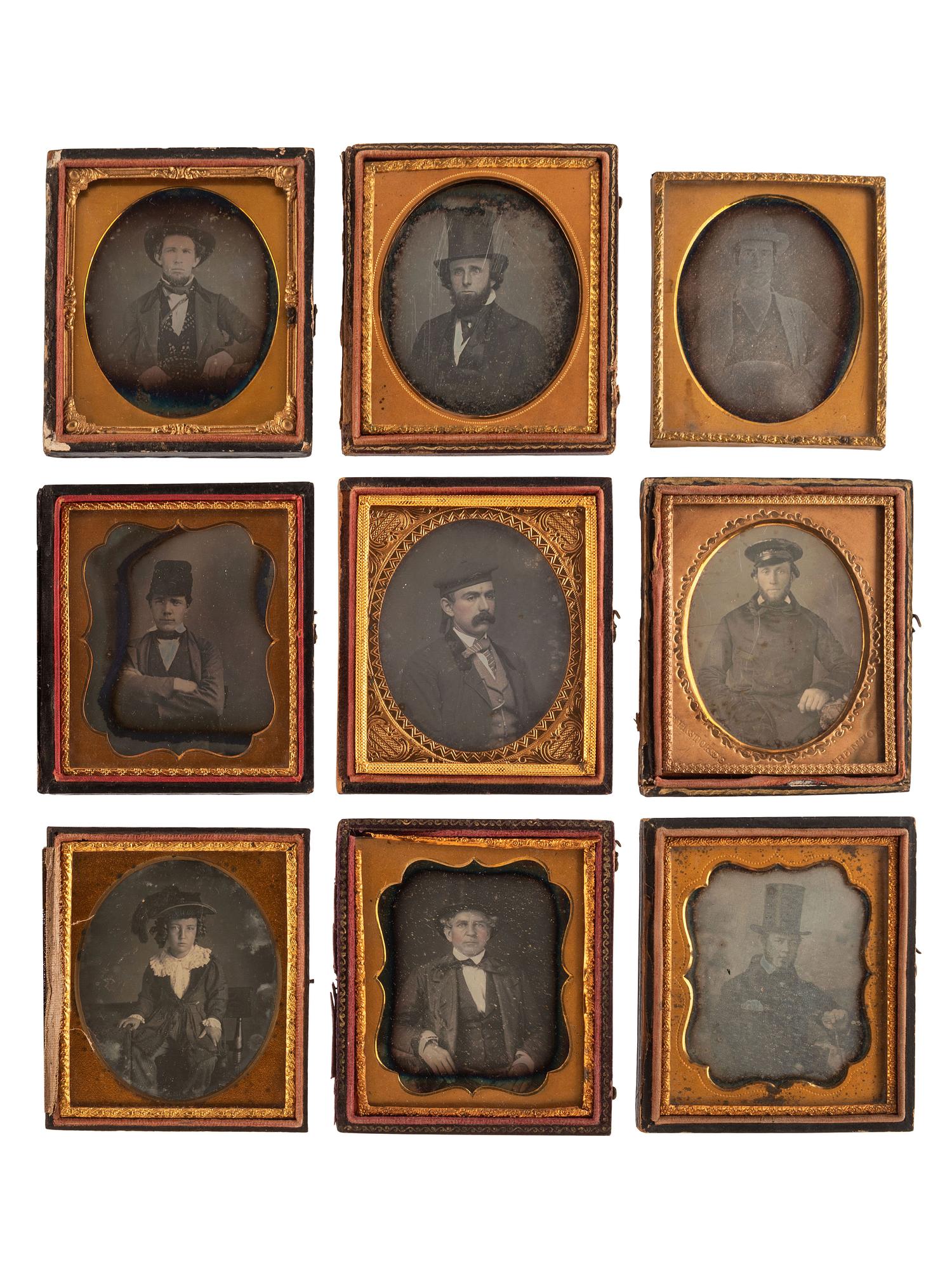 [EARLY PHOTOGRAPHY]. A group of 16 daguerreotype portraits of subjects wearing assorted hats, including examples by ANSON, QUINBY, RIDER, STOKES, and JAMES & Co.