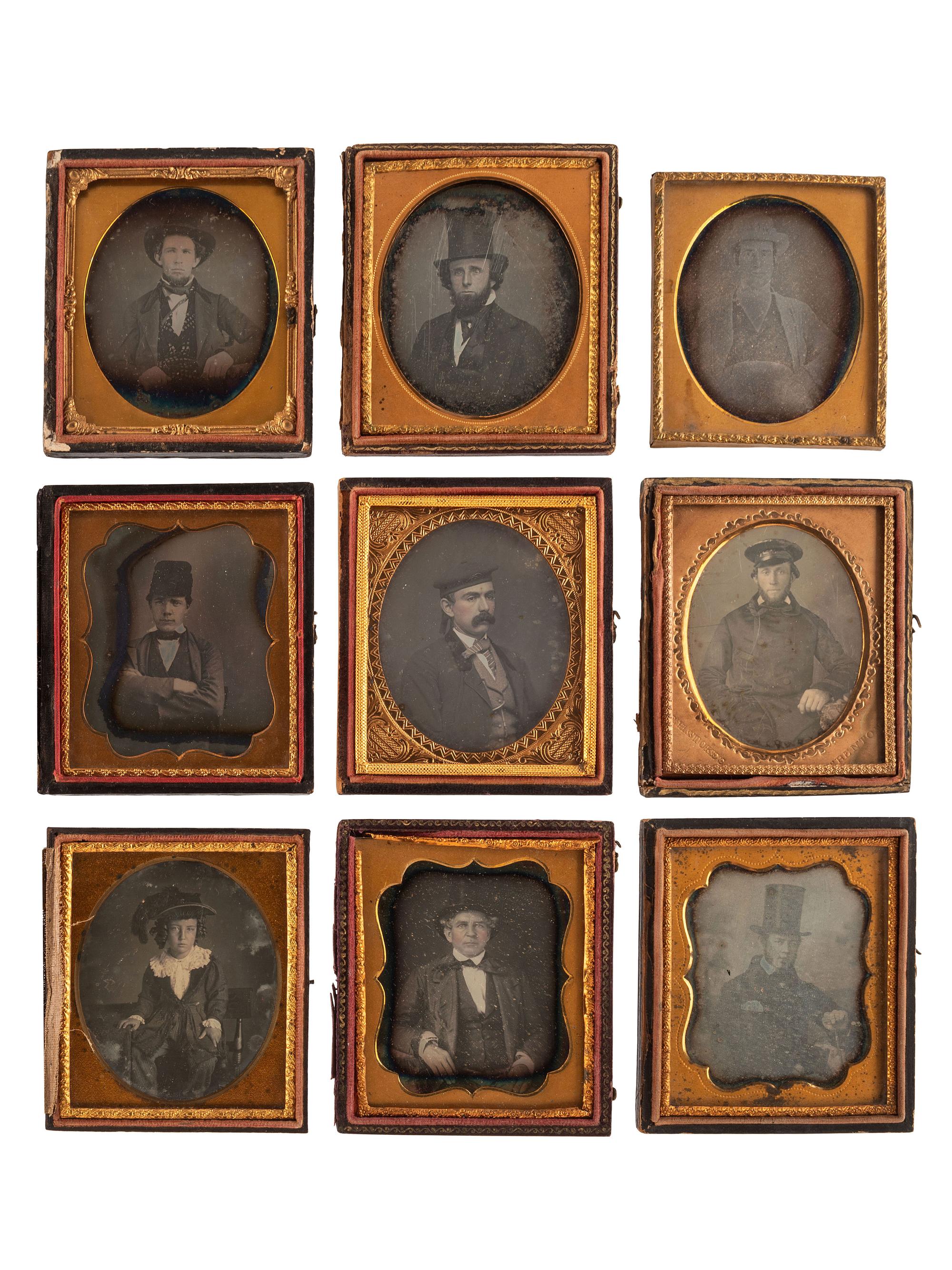 [EARLY PHOTOGRAPHY]. A group of 16 daguerreotype portraits of subjects wearing assorted hats, including examples by ANSON, QUINBY, RIDER, STOKES, and JAMES & Co.