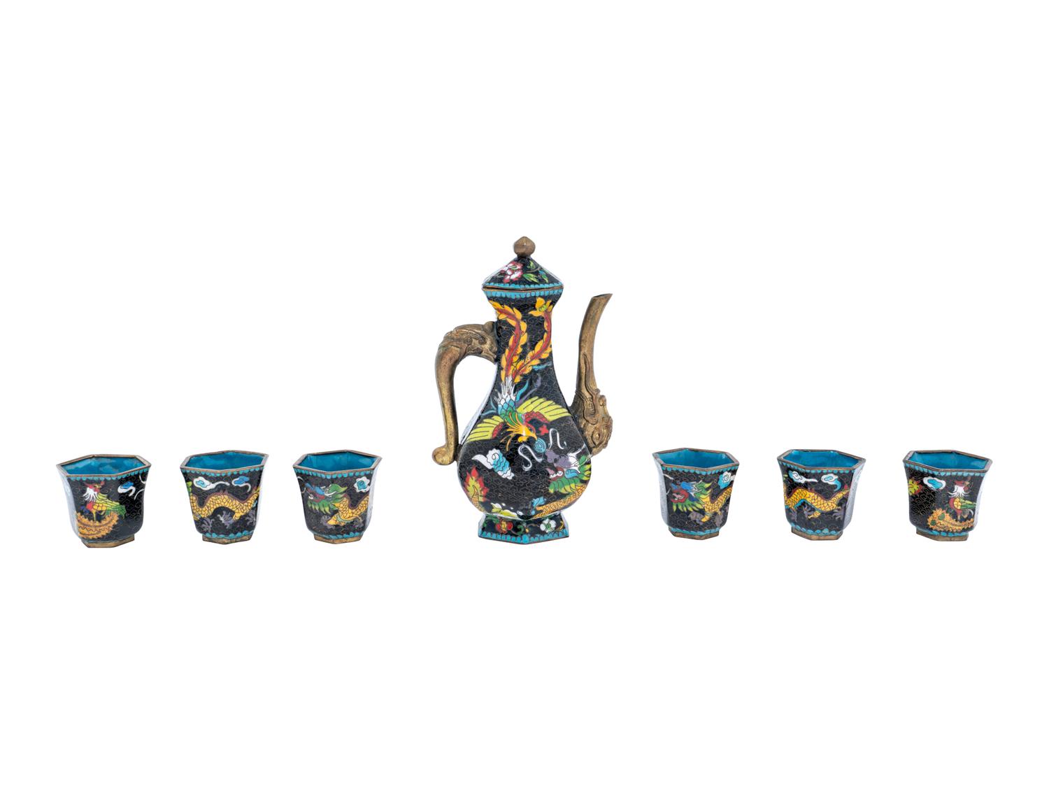A Set of Eight Chinese Cloisonné Enamel 'Dragon and Phoenix' Wine Ewer and Cups