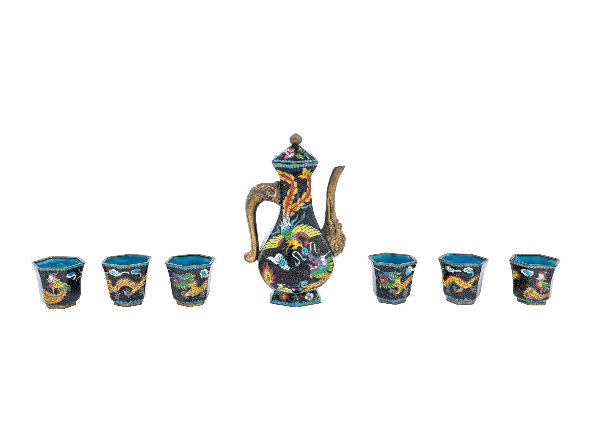 A Set of Eight Chinese Cloisonné Enamel 'Dragon and Phoenix' Wine Ewer and Cups