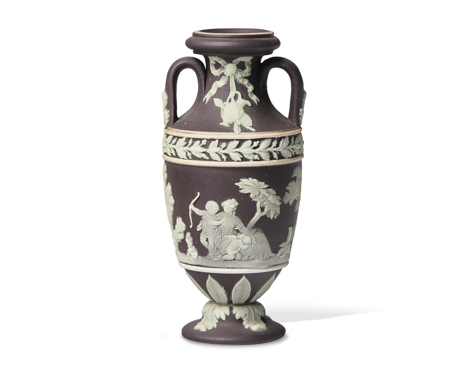 A Miniature Wedgwood Chocolate Brown Jasper Amphora