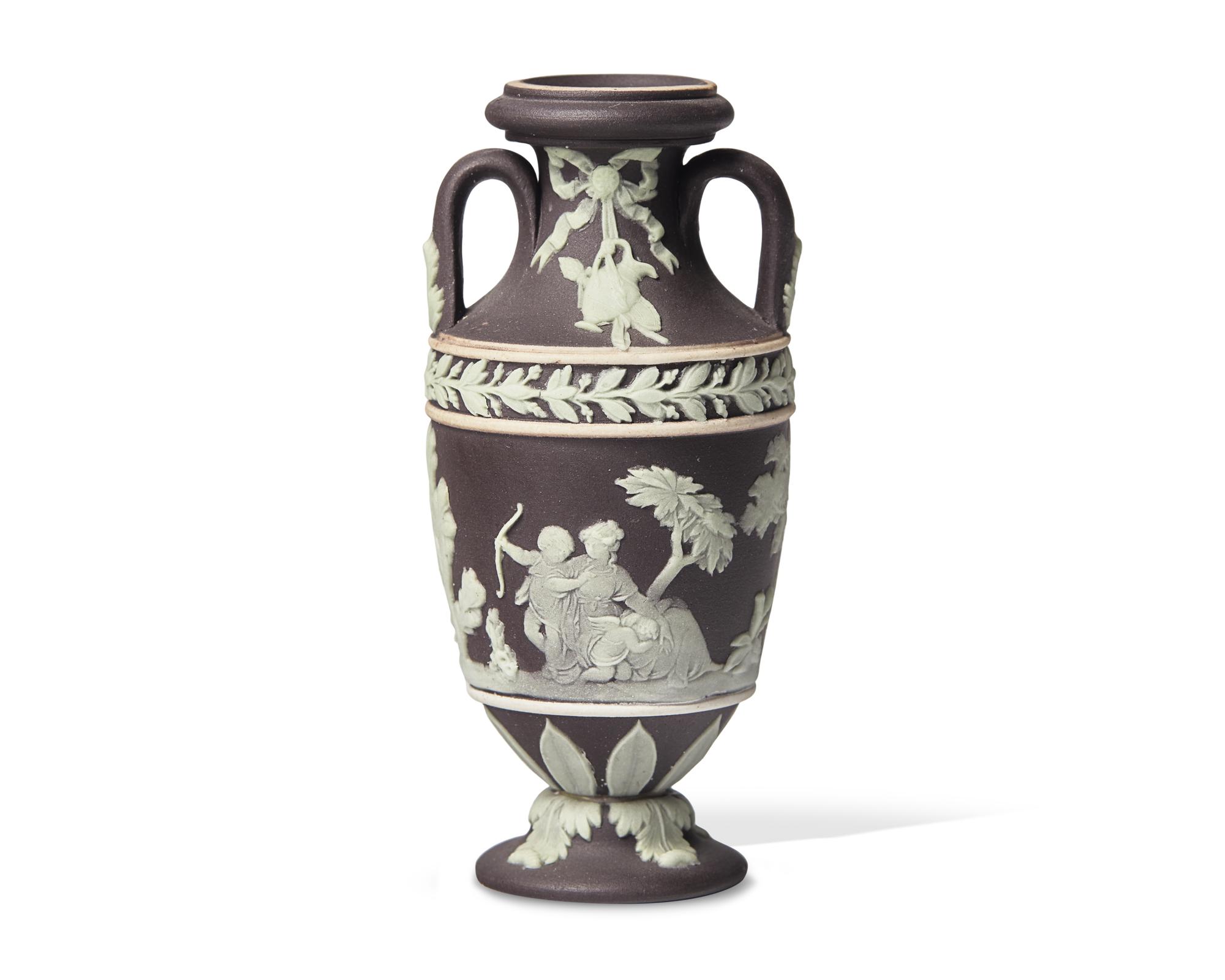 A Miniature Wedgwood Chocolate Brown Jasper Amphora