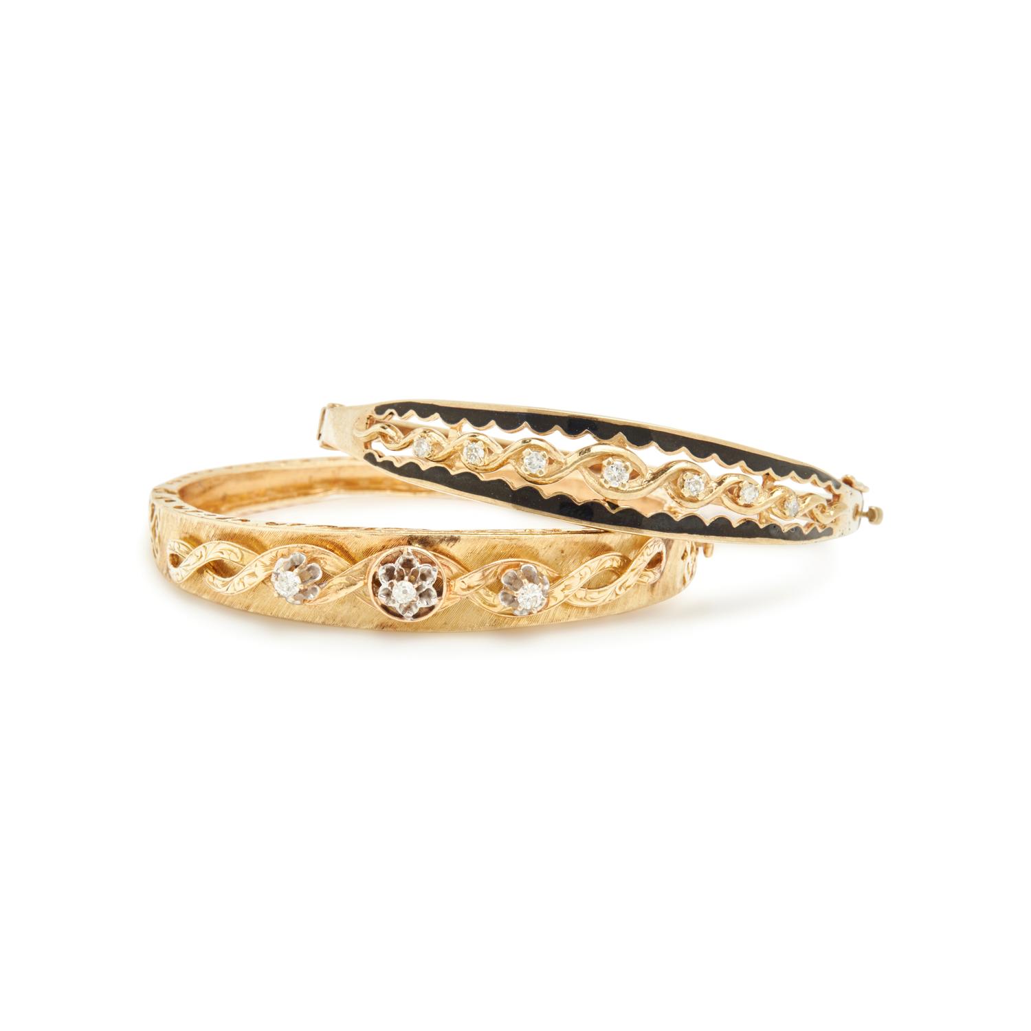 COLLECTION OF YELLOW GOLD AND DIAMOND BANGLE BRACELETS