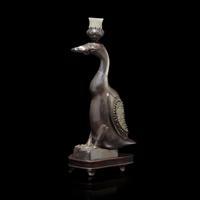 A Chinese Jade and Hardstone Inset Silver 'Duck' Candle Holder, Late 19th-Early 20th Century — 晚清-民國 銀鑲玉嵌寳鴨形燭臺