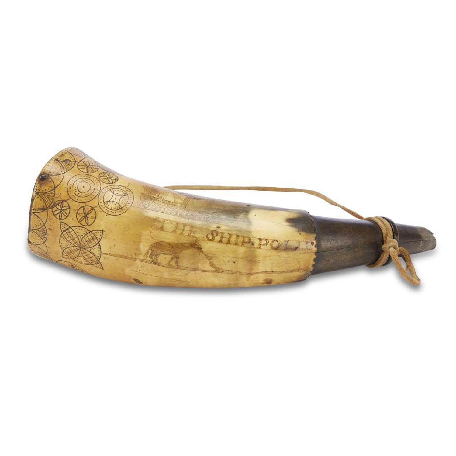 Incised powder horn, "The Ship Polle" 18th century