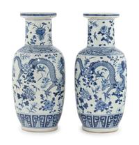 A Pair of Chinese Blue and White Porcelain Rouleau Vases